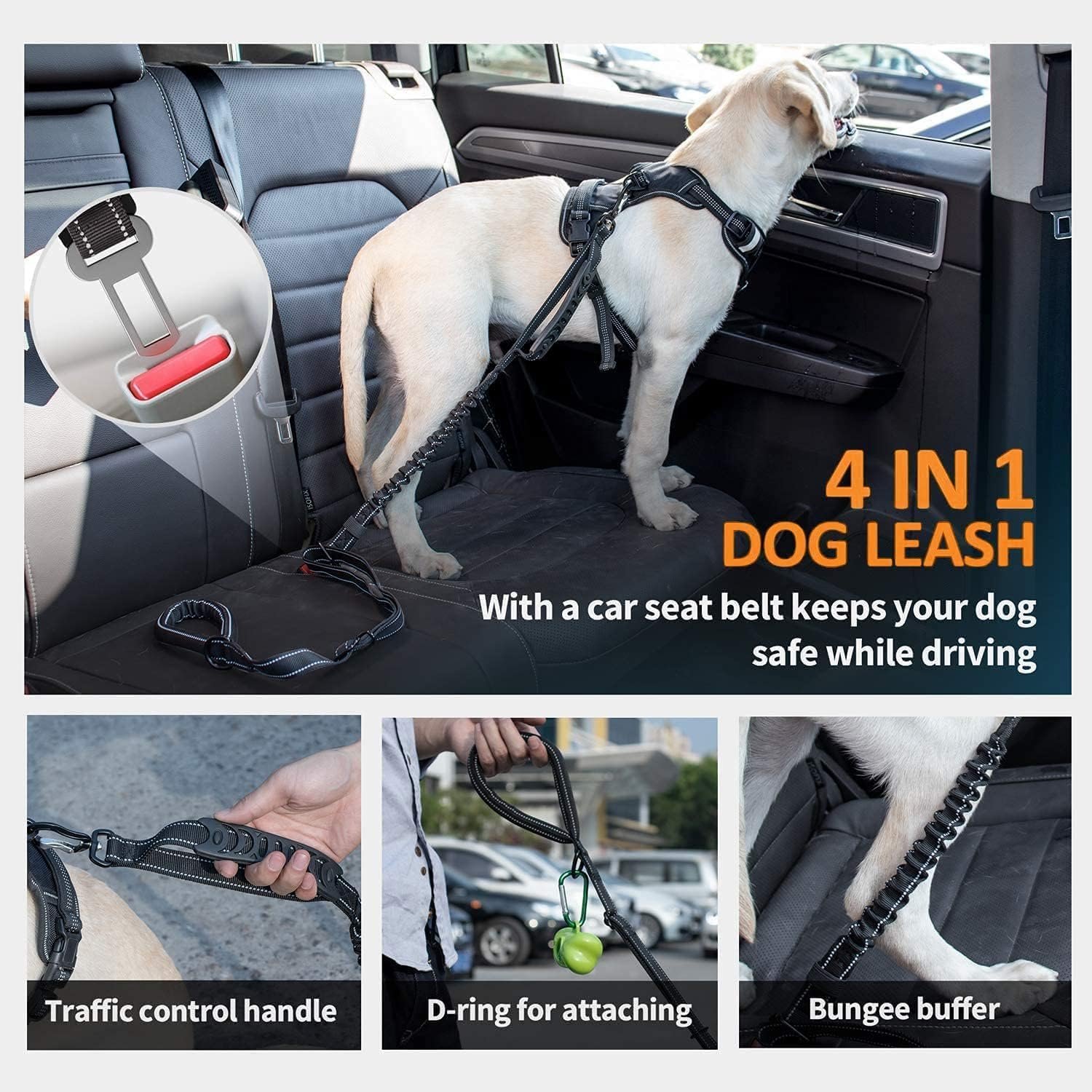 Pamiou Heavy Duty Dog Leash with Strong Lead for Medium to Large Dogs, Shock Absorbing with Bungee Design, Two Padded Handle & Car Seat Belt Buckle, Light Reflective Rope (Black) - Image 4