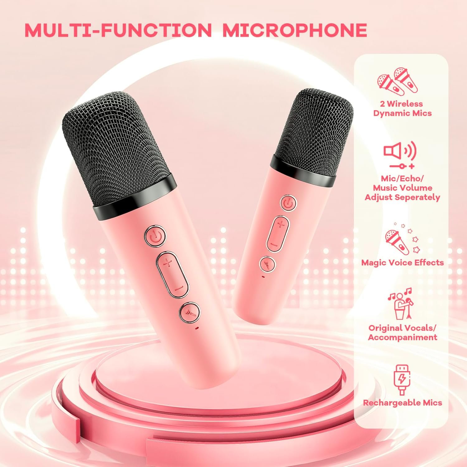 YLL Mini Karaoke Machine for Kids Adults, Bluetooth Speaker with 2 Wireless Microphones, TOP Christmas Birthday Gifts Toys for Girls Ages 3, 4, 5, 6, 7, 8, 9,10,11,12+ Years Old Toddler(Pinkcolor) - Image 4
