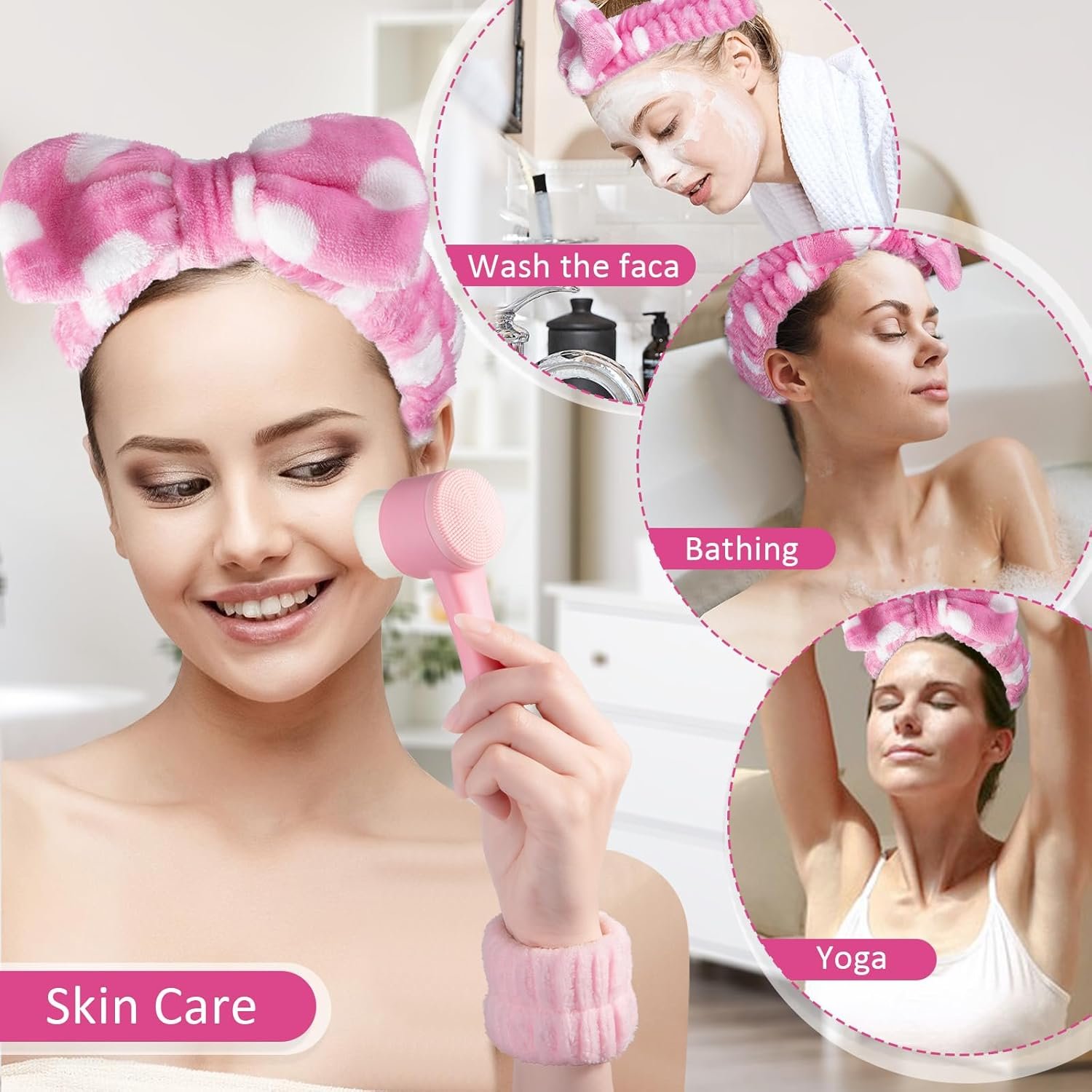 Facial Cleansing Brush 2 in 1, Silicone Face Scrubber Dual Face Brush for Deep Pore Cleansing and Exfoliating, Skincare Headband and Wristbands Set for Washing Face, Massaging Spa Makeup, Pink - Image 7