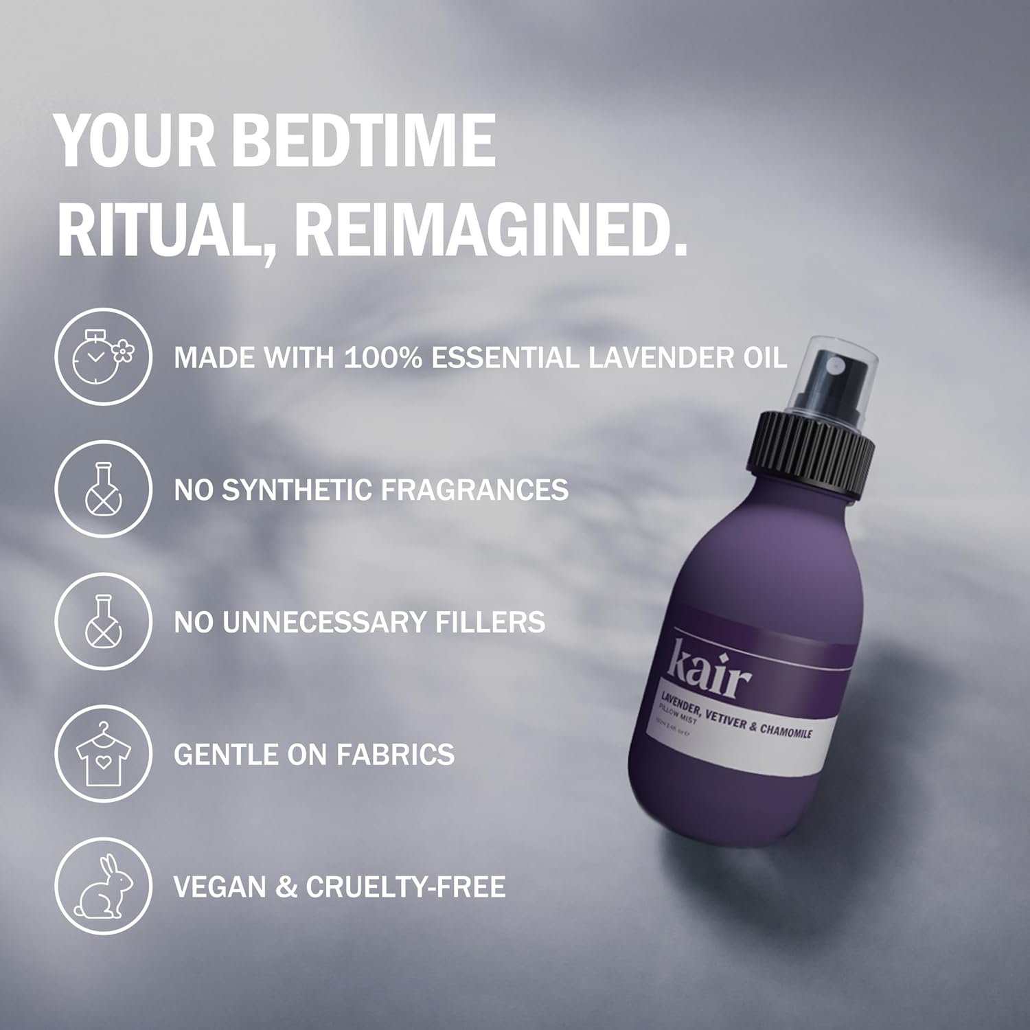 Kair Pillow Spray Mist - Lavender, Vetiver & Chamomile | Natural Aromatherapy Pillow Mist, 3.4 Fl Oz Refillable Glass Bottle, 100% Pure Essential Oils, Vegan Cruelty-Free, Calming Relaxing Scent - Image 3