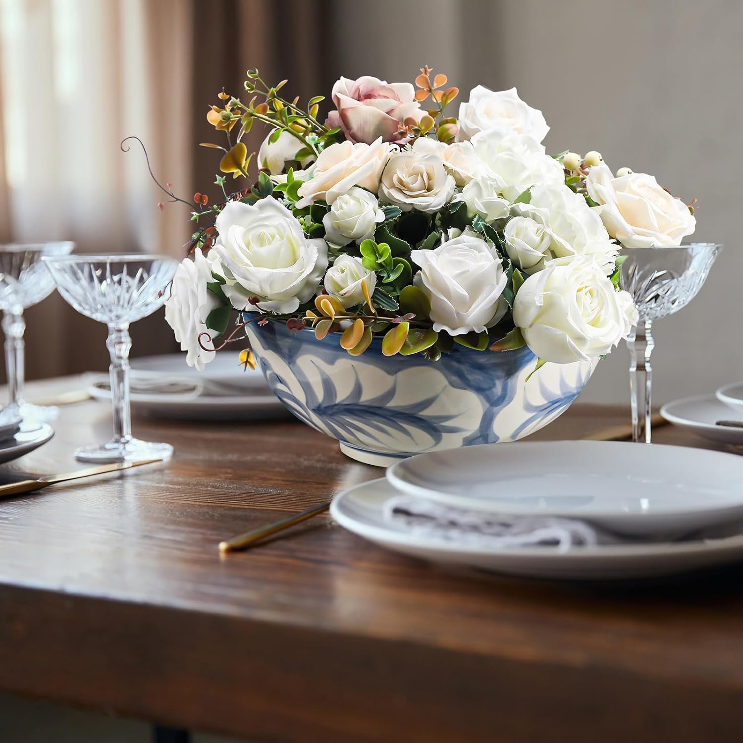Maxdot Blue and White Bowl 10 x 5 Inch Large Hand Painted Stoneware Decorative Vase Bowl with Floral Chinoiserie Ceramic Design for Kitchen Centerpiece Creative Home Decor - Image 8