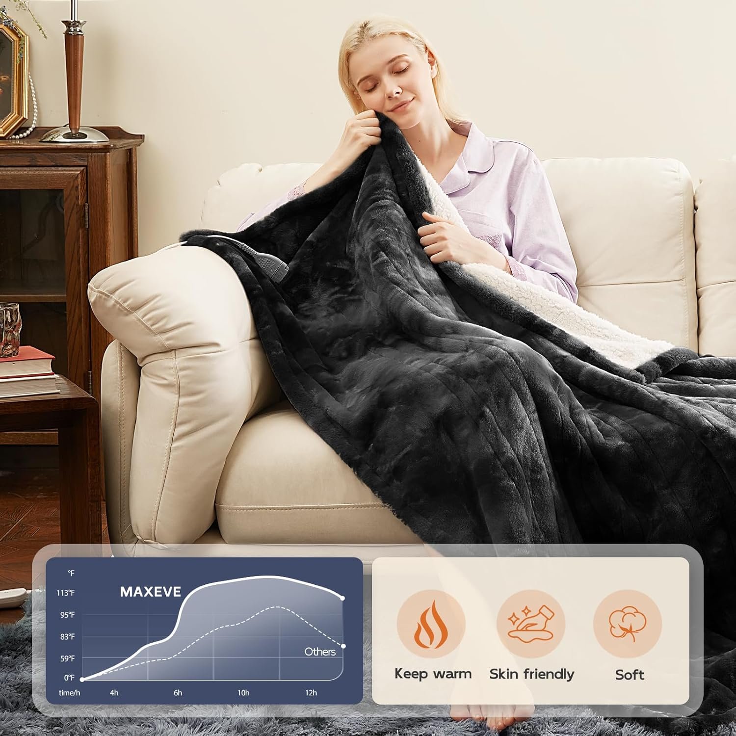 MAXEVE Electric Heated Throw Faux Rabbit Fur Blanket with 8 Heating Levels & 8 Hours Auto Off, Fast Heating Warm Cozy Sherpa Washable Blanket with Over-Heat Protection, ETL Certification, Grey - Image 8