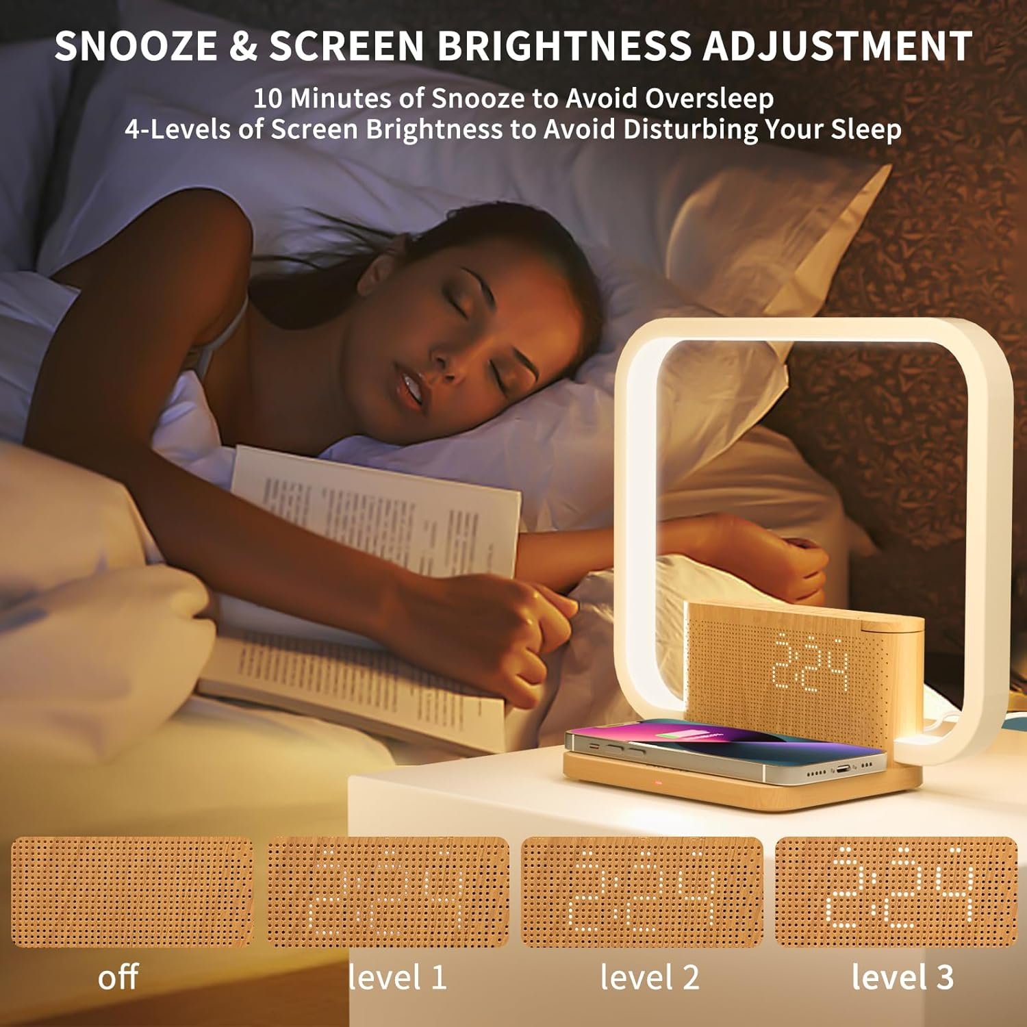 Sunrise Alarm Clock with Wireless Charging Desk Touch Lamp 3 Level Dimmable Wake-up Light Bedside Lamps for Bedroom Living Room,Sunrise Lamp with 10 Natural White Noise Sound 30/60/90 Mins countdown - Image 5