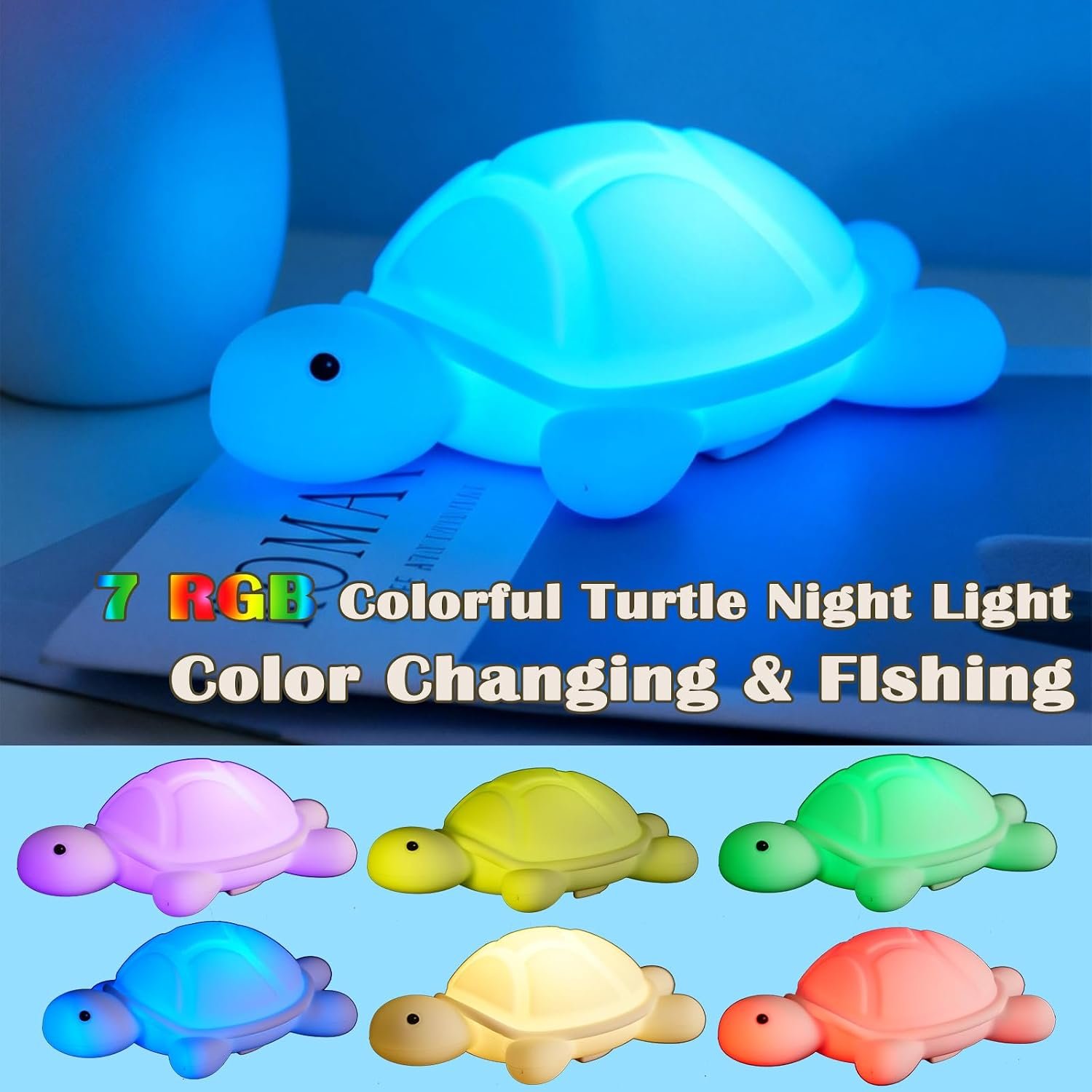 Turtle Night Light, Sea Turtle Gifts, Cute Soft Silicone Squishy LED Lamp with 7 RGB Colors , Dimmable, Timer, Touch Control, Kids' Bedroom Decor, Gift for Children, Breastfeeding Nursery Birthdays - Image 3