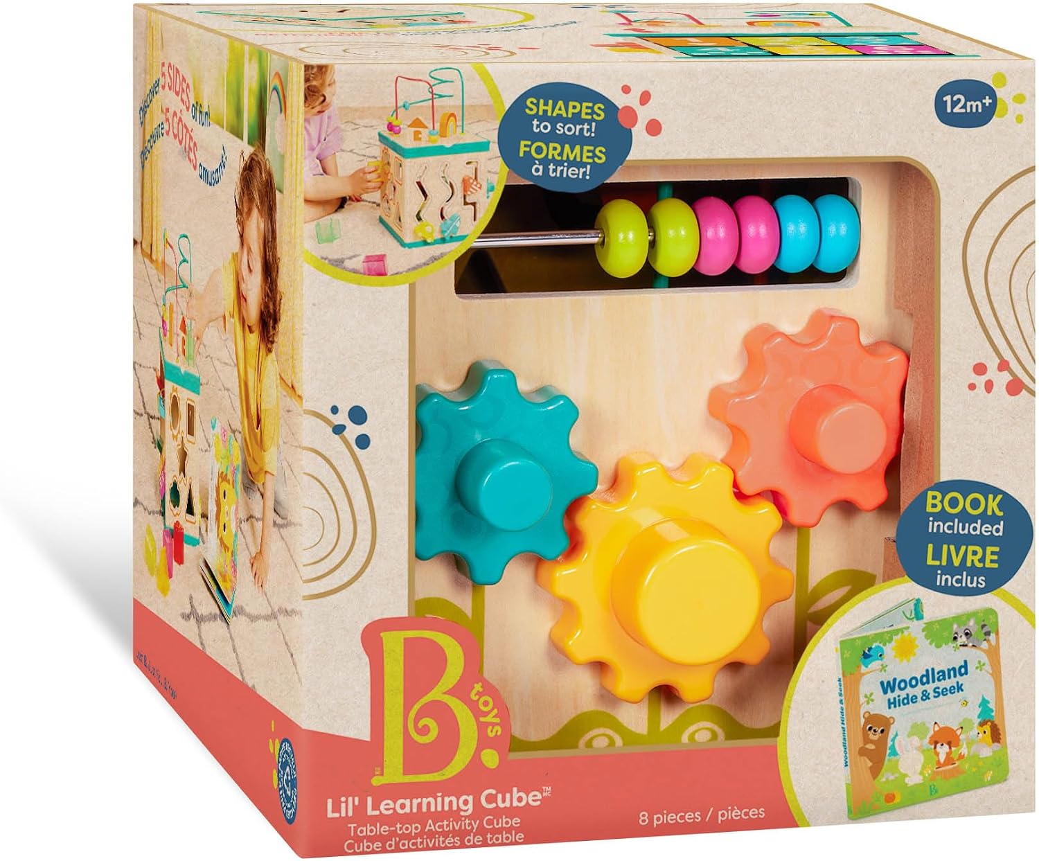 B. toys – Tabletop Activity Cube – Educational Storybook Included – Wooden Shape Sorter, Bead Maze, Animal Tiles – Top Flips for Compact Storage – 12+ Months – Lil' Learning Cube - Image 10