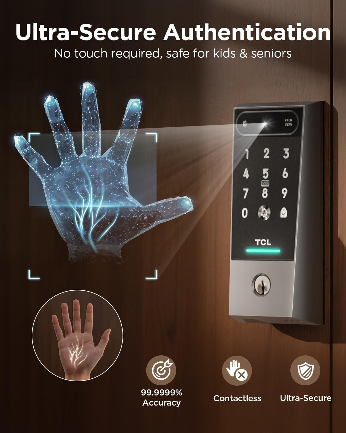 TCL D2 Pro Smart Lock, Palm Vein Recognition Keyless Entry with Built-in Doorbell, App Control, Auto Lock, Rechargeable Battery, for Home Security - Image 2