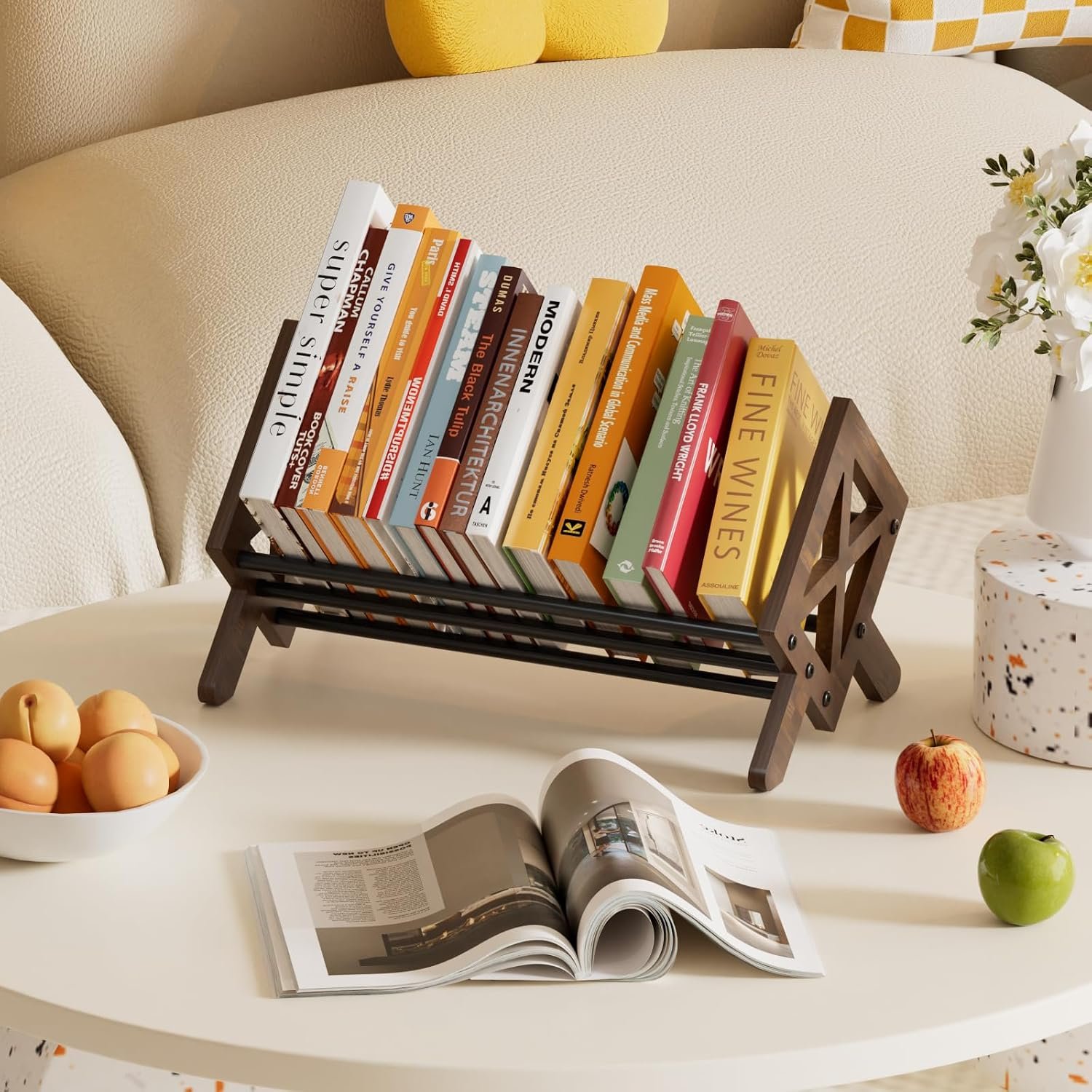 Desktop Bookshelf Organizer, Wood Office Tabletop Book Storage Rack, Tilting Bookcase for Books/CDs/Magazine Display (Black) - Image 2