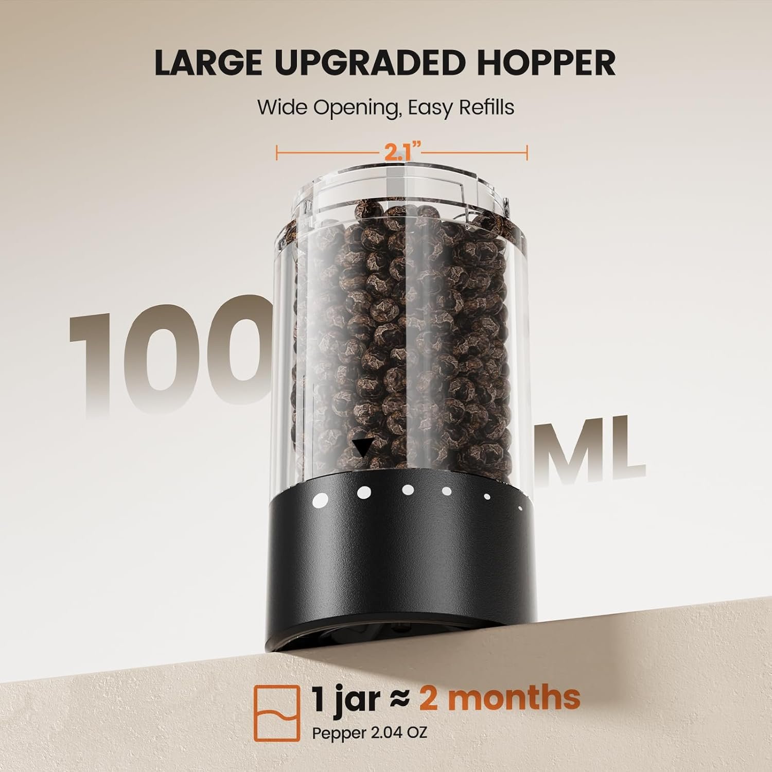 Electric Salt and Pepper Grinder Set - Rechargeable Automatic Salt and Pepper Shakers, Kitchen Appliances with External Adjustable Coarseness, Larger Hopper for Cooking, Home Gifts(2 Pack,Black/Black) - Image 4