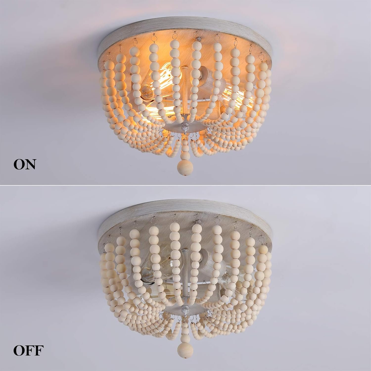 Q&S Wood Beaded Chandelier,Boho Farmhouse Light Fixture,Oak White,3 Lights,Semi Flush Mount Ceiling Light Fixtures for Hallway Baby's Nursery Bedroom Kitchen Living Room - Image 7