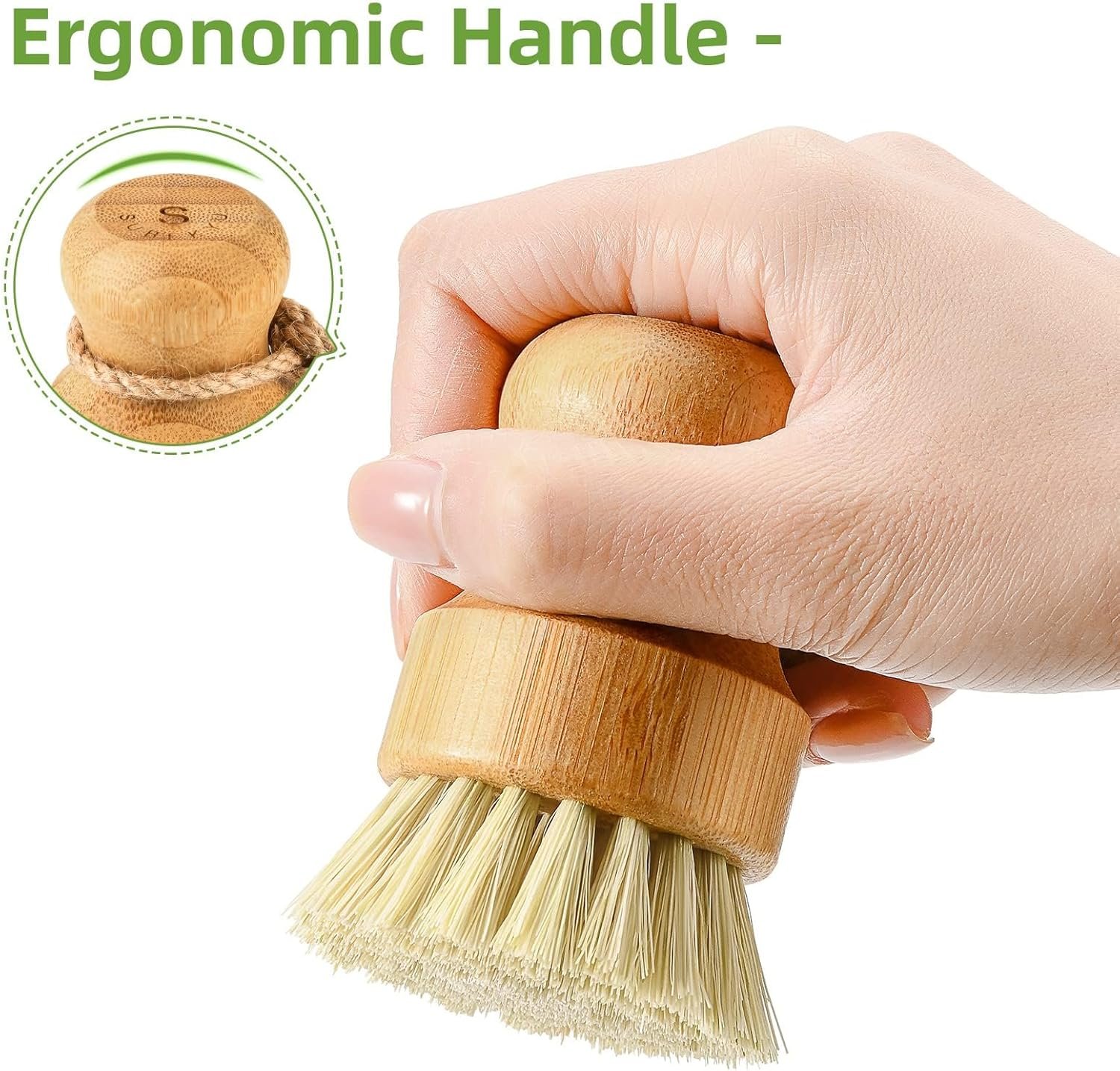 SUBEKYU Bamboo Dish Scrub Brush for Kitchen Sink, Natural Wooden Washing Dish Brush Scrubber with Sisal Bristles for Household Cleaning, Cast Iron Pots, Pans and Vegetables - Image 4