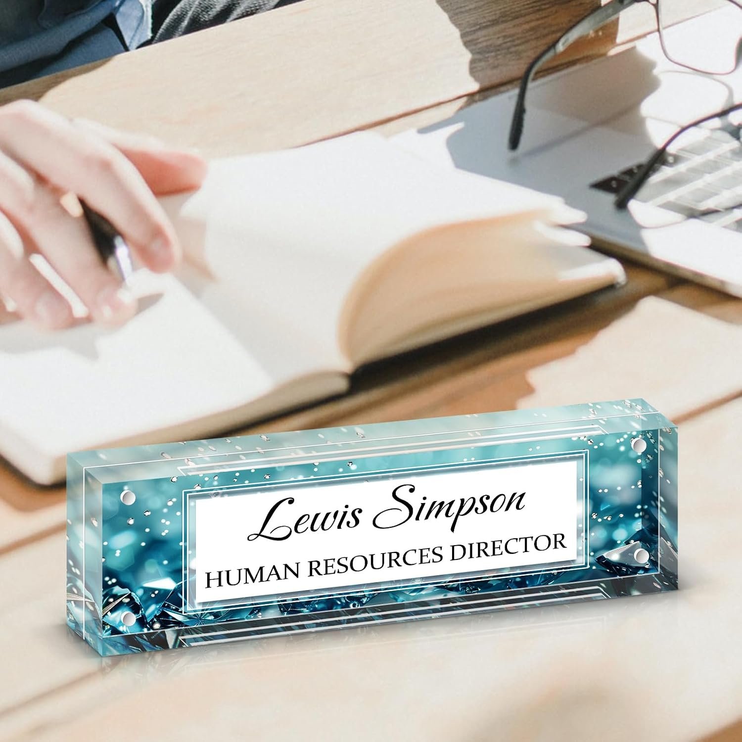 Custom Name Plate for Desk, Office Desk Double sided pattern Name Plate Personalized Office Desk Decor for Women and Men, Teacher Nurse Boss Employee Appreciation Gifts (green gemstone, UV pattern) - Image 6
