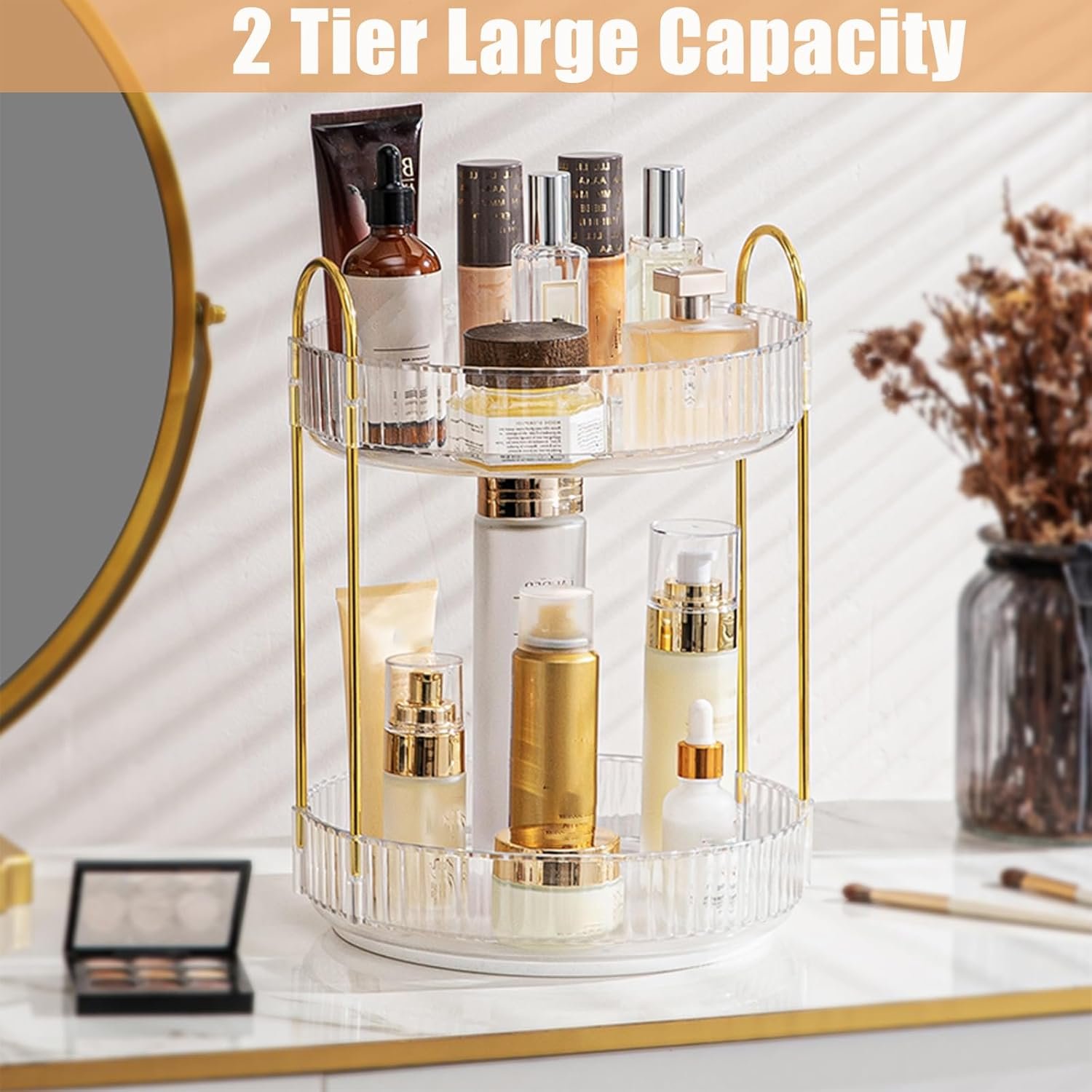Rotating Makeup Organizer, 2 Tier Large Capacity Perfume Organizer, Cosmetic Organizer for Vanity Bathroom Bedroom, White - Image 2