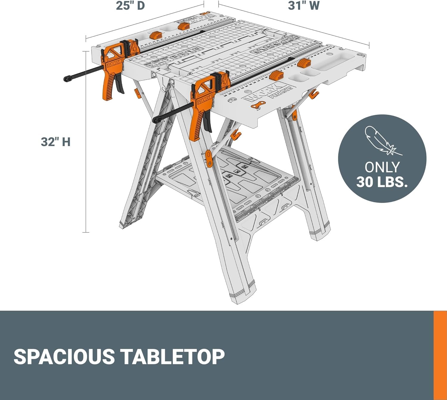 Worx Pegasus 2-in-1 Folding Work Table & Sawhorse, Easy Setup Portable Workbench, 31" W x 25" D x 32" H Lightweight Worktable with Heavy-Duty Load Capacity, WX051 - Includes 2 Clamps & 4 Clamp Dogs - Image 4