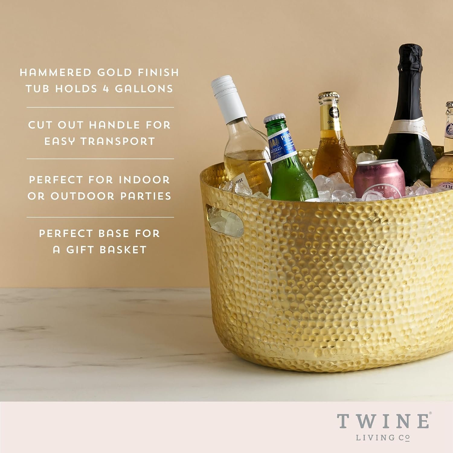 Twine Gold Hammered Tub - Large Drink Beverage Tub Chiller, Wine, Beer & Drink Bucket for Parties in 4 Gallon Capacity, Gold - Image 2