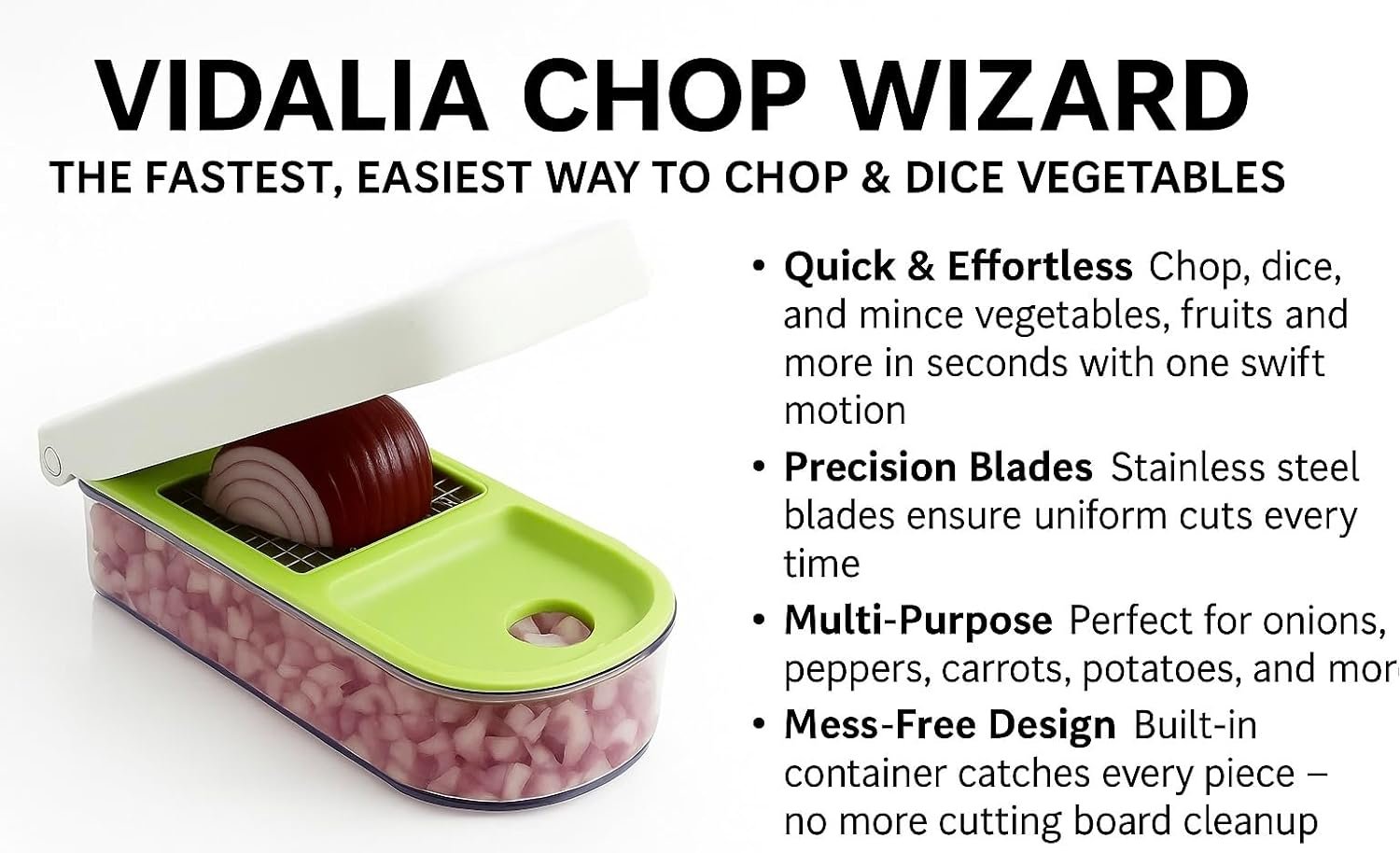 Vidalia Chop Wizard Vegetable Chopper – Original As Seen On TV Food Dicer with 2 Stainless Steel Blades, Large 2-Cup Container, Cleaning Tool, Dishwasher Safe Onion & Vegetable and Fruit Cutter - Image 5