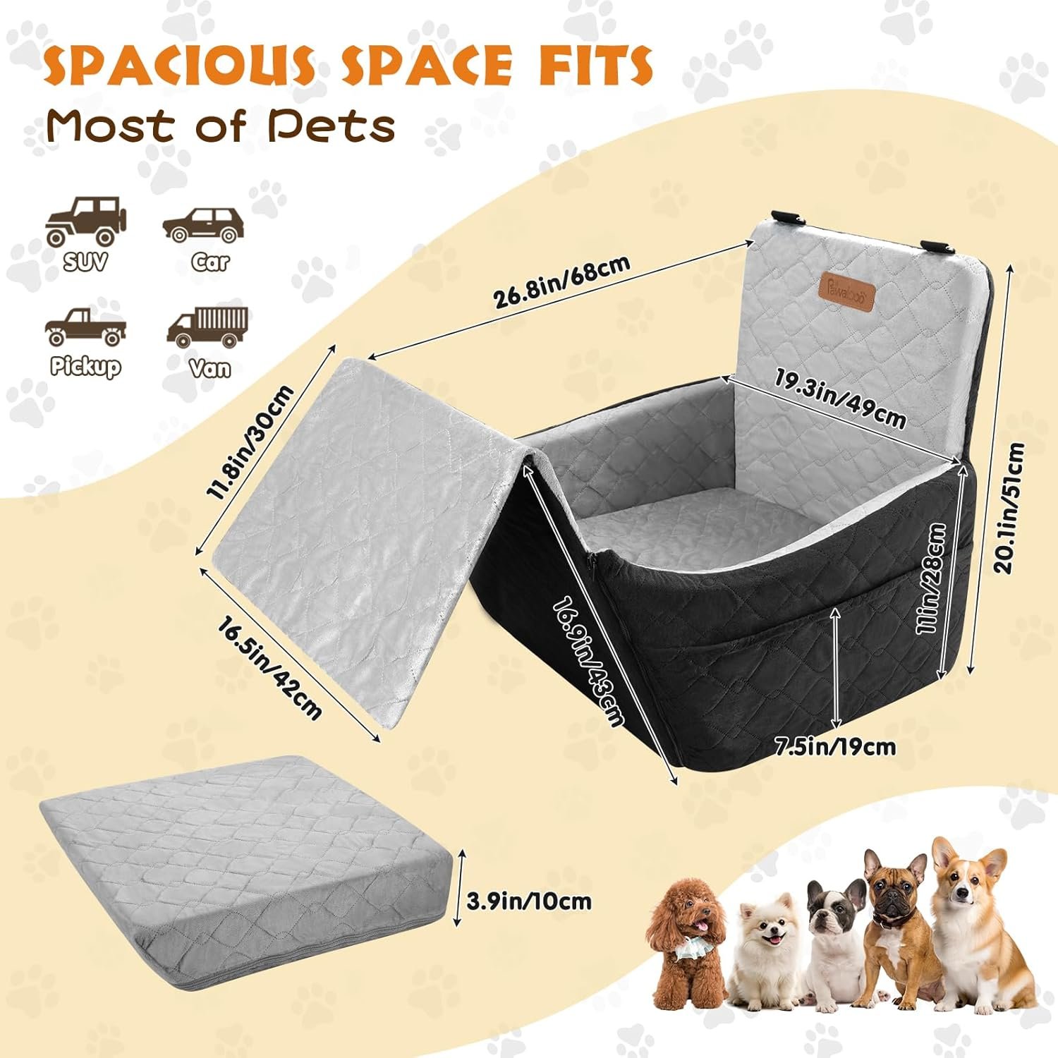 Pawaboo Dog Car Seat for Small Medium Dogs, Dog Booster Car Seat with Safety Belts & Elevated Thick Cushion, Detachable Washable Travel Pet Seats Bed for Cars with Storage Pocket Fits Front/Back Seats - Image 3