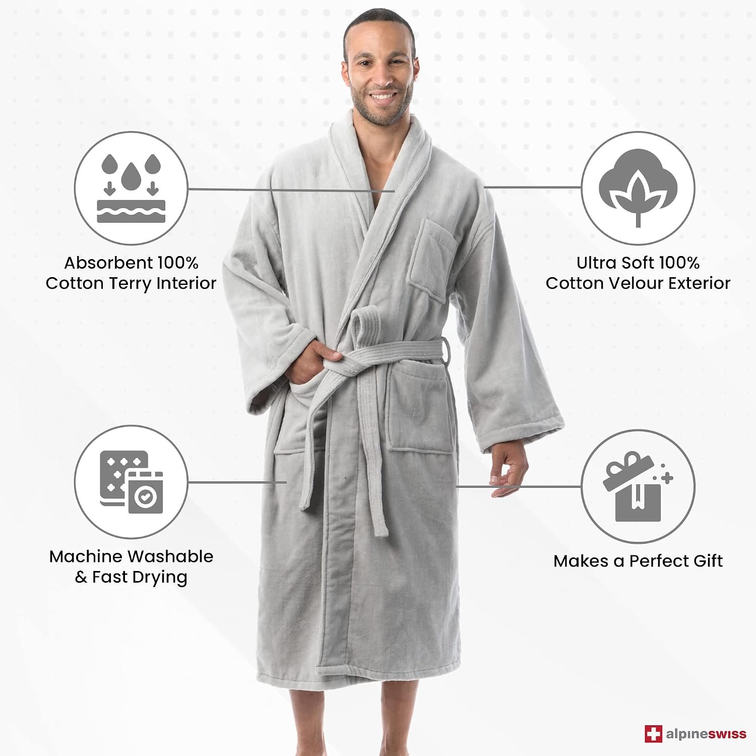 Alpine Swiss Pure Cotton Mens Terry Cloth Bathrobe Super Absorbent Spa Robe - Image 3