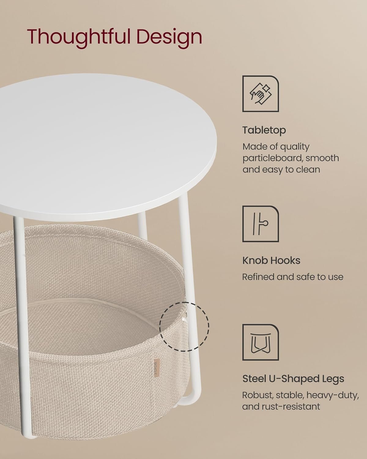 VASAGLE LILEA Collection - Small Round Side End Table, Modern Nightstand with Fabric Basket, Matte White and Camel Brown ULET223W10 - Image 5
