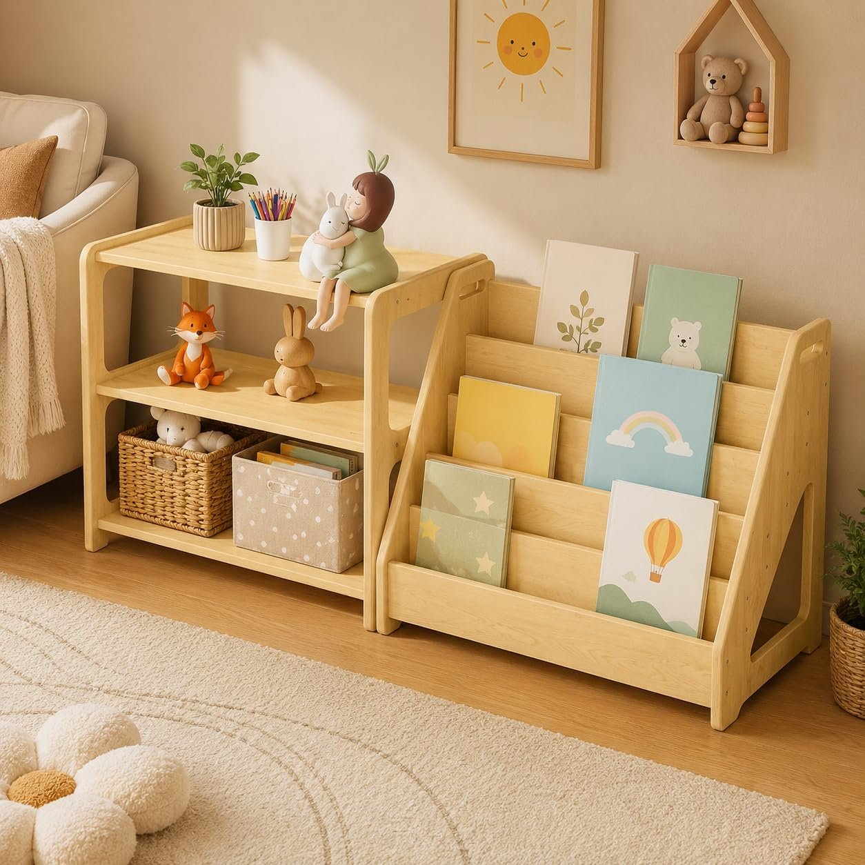 Montessori Storage Organizer 2 Piece Set Montessori Bookshelf and Storage, Wooden Montessori Shelf Kids Shelf and Book Display Rack for Nursery Playroom Classroom Shelves
