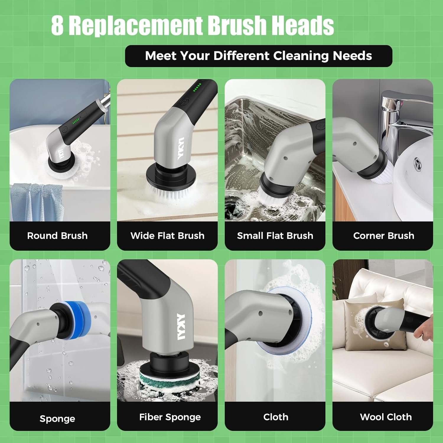 YKYI Electric Spin Scrubber, Cordless Cleaning Brush with 8 Replaceable Brush Heads, Power Scrubber with Adjustable Extension Handle for Bathroom, Tub, Tile, Floor and Kitchen Cleaning (Grey) - Image 6