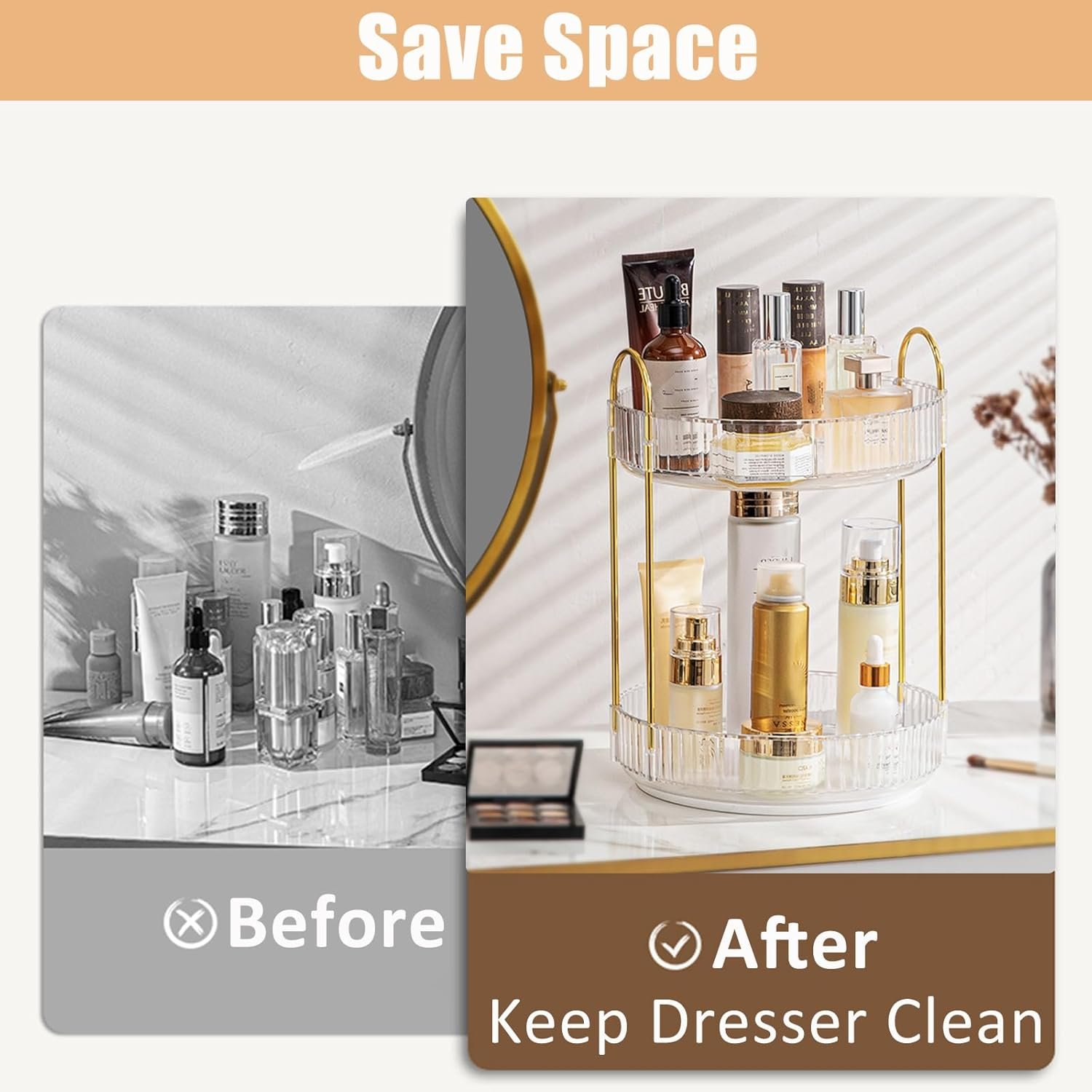 Rotating Makeup Organizer, 2 Tier Large Capacity Perfume Organizer, Cosmetic Organizer for Vanity Bathroom Bedroom, White - Image 3
