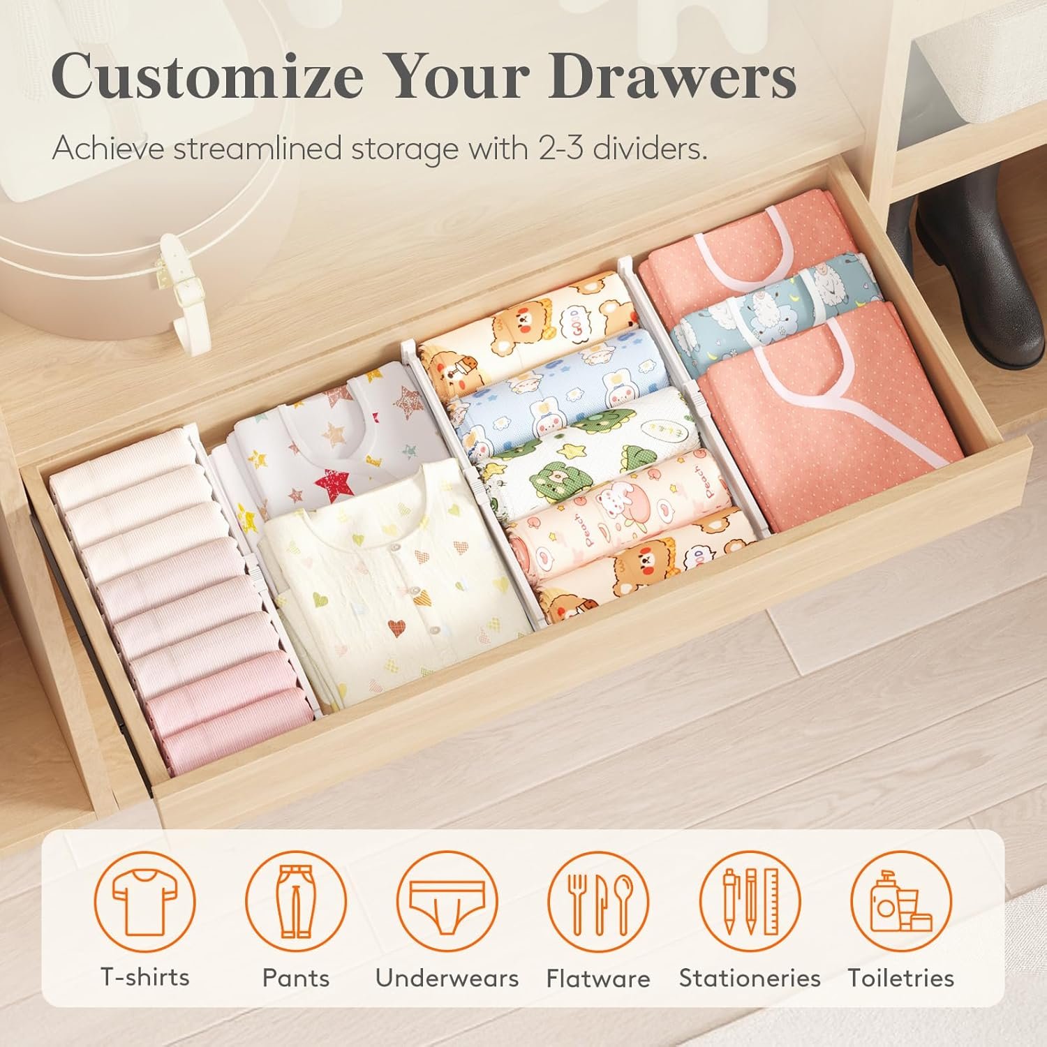 Lifewit 3.2" Tall 4 Pack Drawer Dividers, 10.5-16.5" Adjustable Drawer Organizers for Clothes, Expandable Dresser Drawer Organizers, Drawers Separators for Dresser, Bedroom, Kitchen, Vanity, White - Image 8