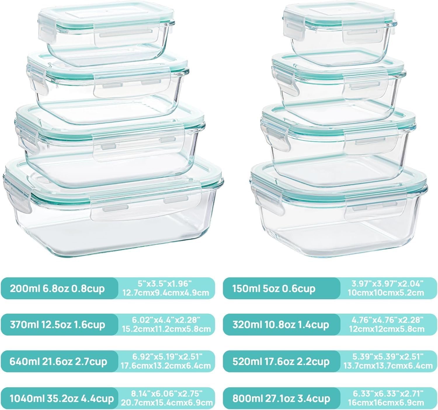 Vtopmart 8 Pack Glass Food Storage Containers with Airtight Lids, Glass Meal Prep Containers, Lunch Office Meal for Microwave, Oven, Freezer and Dishwasher, BPA Free - Image 2