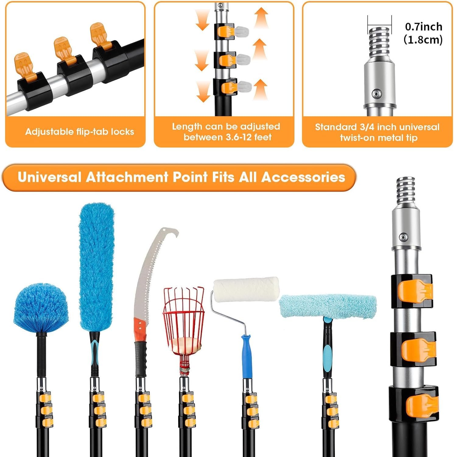 Telescopic Pole, 12FT Telescopic Extension Pole, 3-12FT Multi-Purpose Extension Pole with Universal Metal Tip, Sturdy Extendable Pole, Best Aluminum Paint Roller Extension Pole for Cleaning, Painting - Image 8