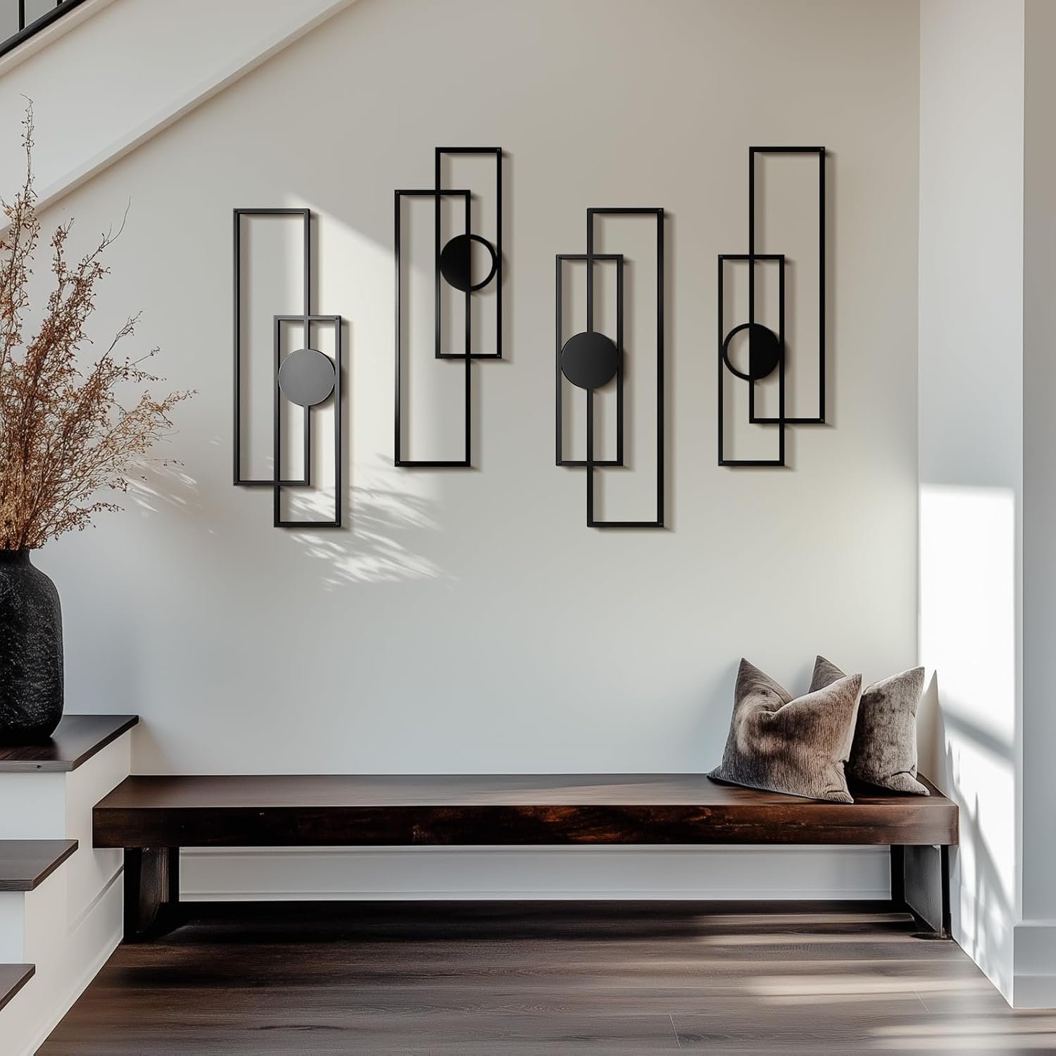 Abstract Black Metal Wall Art Set of 4, Large Modern Geometric Wall Decor with 3D Layered Design for Living Room, Bedroom, Bathroom, Hallway, Minimalist Wall Sculptures - Image 8