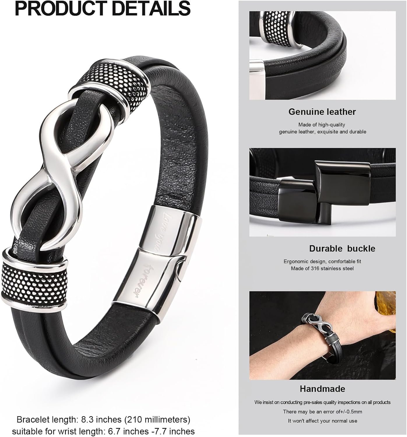 HSM Stylish Mens Bracelet with Engraved 'Love You Forever' – Premium Leather Bracelet for Men – Durable & Comfortable Wristband for Husband, Boyfriend - Image 6