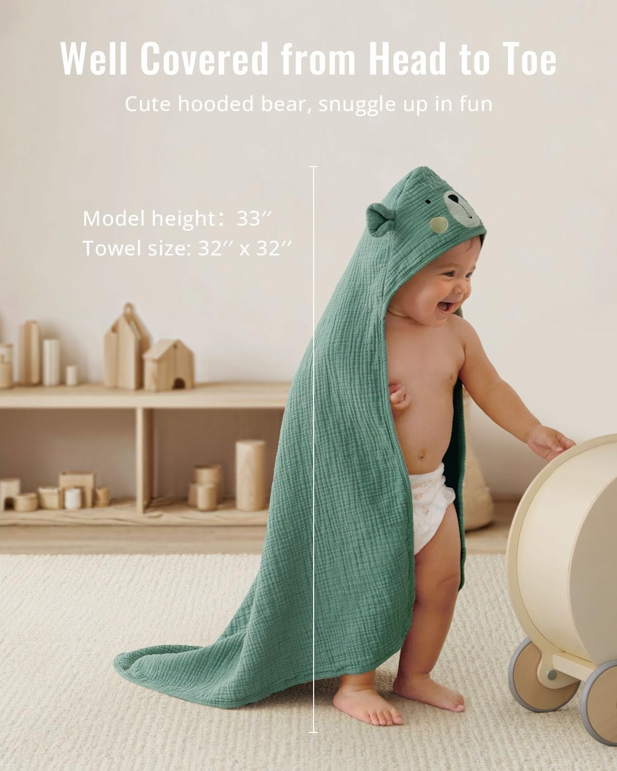 Blissful Diary Muslin Baby Hooded Towel 2 Pack, Soft & Absorbent Bath Towel for Infant, Toddler, Unisex, Baby Gift, Newborn Essentials, Bear & Giraffe - Image 5