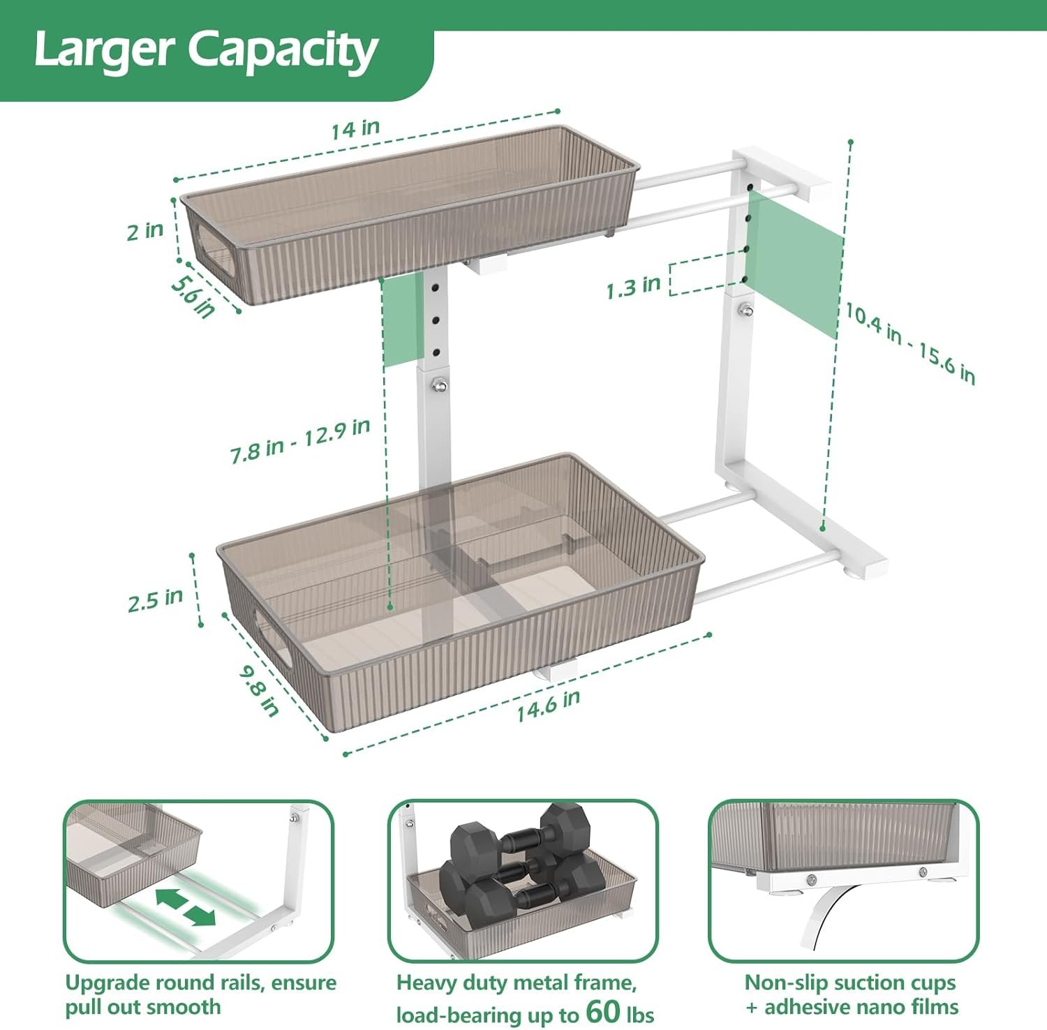 ADRIMER Under Sink Organizer 2 Packs, Pull Out Kitchen Sink Organizer Height Adjustable, 2 Tier Slide Out Kitchen Organizers and Storage Metal Cabinet Storage Shelf, Grey & White - Image 7