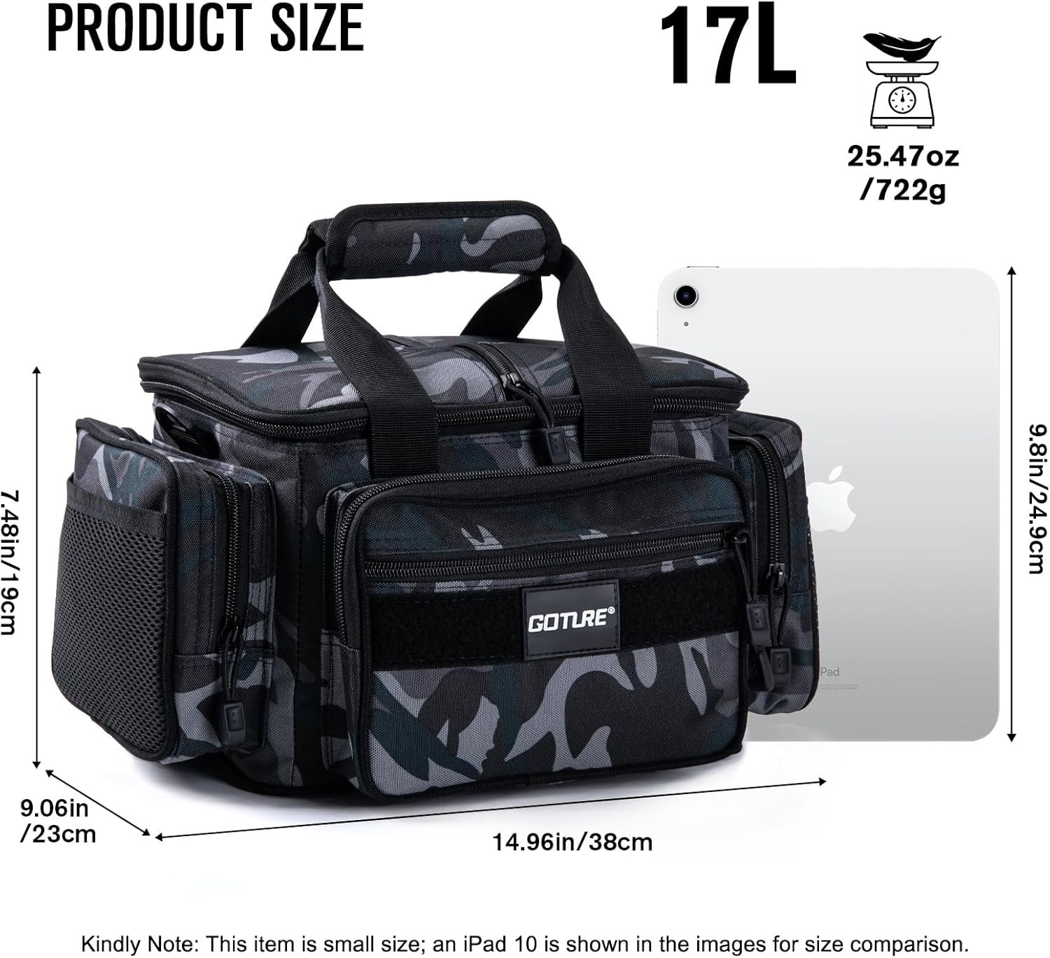 Goture 17L Fishing Tackle Bag, Water-Resistant 600D Storage Bag with Adjustable Shoulder Strap, Compact Fishing Gear Organizer with Multiple Pockets, Green Camo, Can Store 3 3600 Box (Not Included) - Image 2
