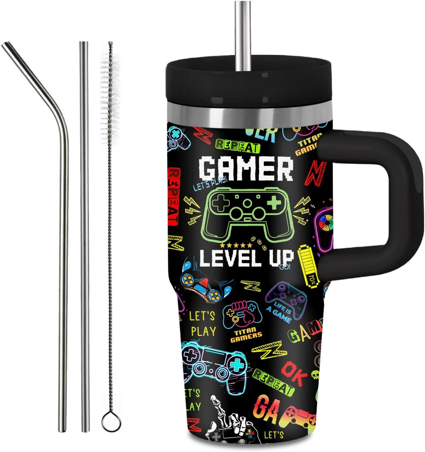 Gaming Game Tumbler with Handle Straw for Kids 14oz, Insulated Stainless Steel Gaming Mug Cup for Gamer Boys, Game Gifts for Kids Teen Boys Son Men