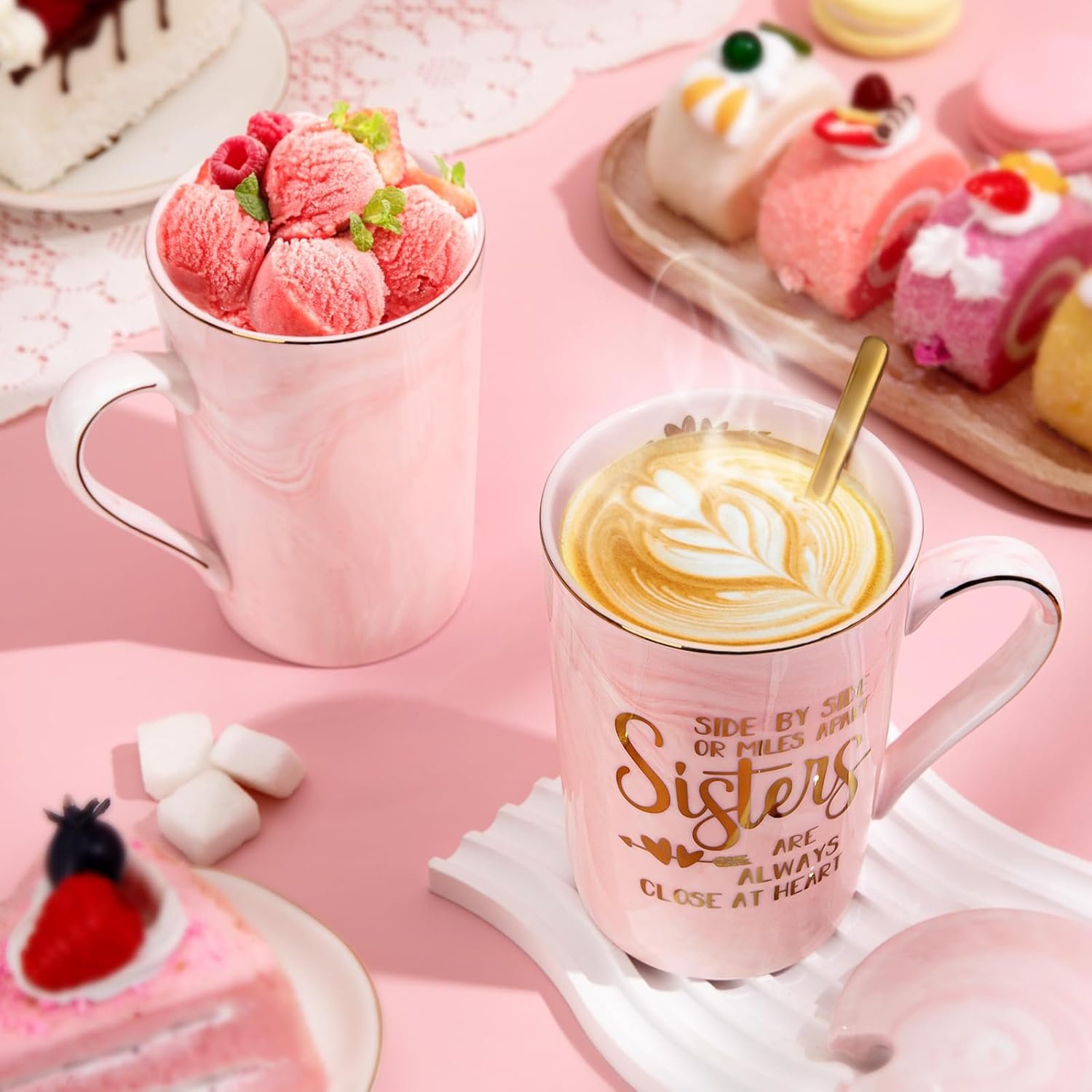 Sister Birthday Gifts - Sister Gifts for Sisters from Brother Sisters, 14Oz Pink Marble Ceramic Coffee Cup with Gold Print Coffee Mug with Spoon Lid Card Nice Box - Image 4