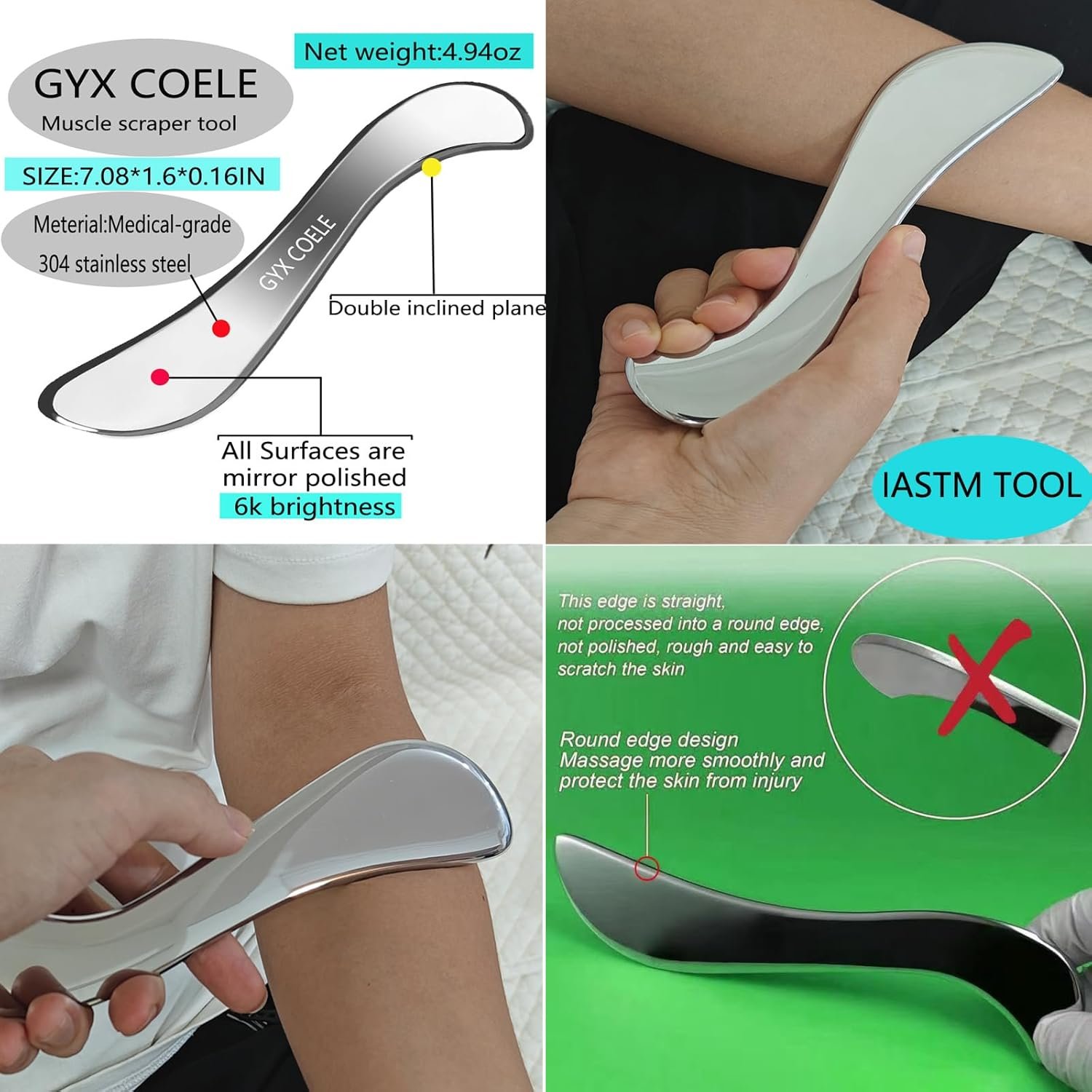 4 IN 1muscle scraper Stainless Steel Gua Sha set Scraping Massage Tool,IASTM Tools, Great Soft Tissue Physical Therapy Used for Arms, Back, Legs, Neck - Image 5