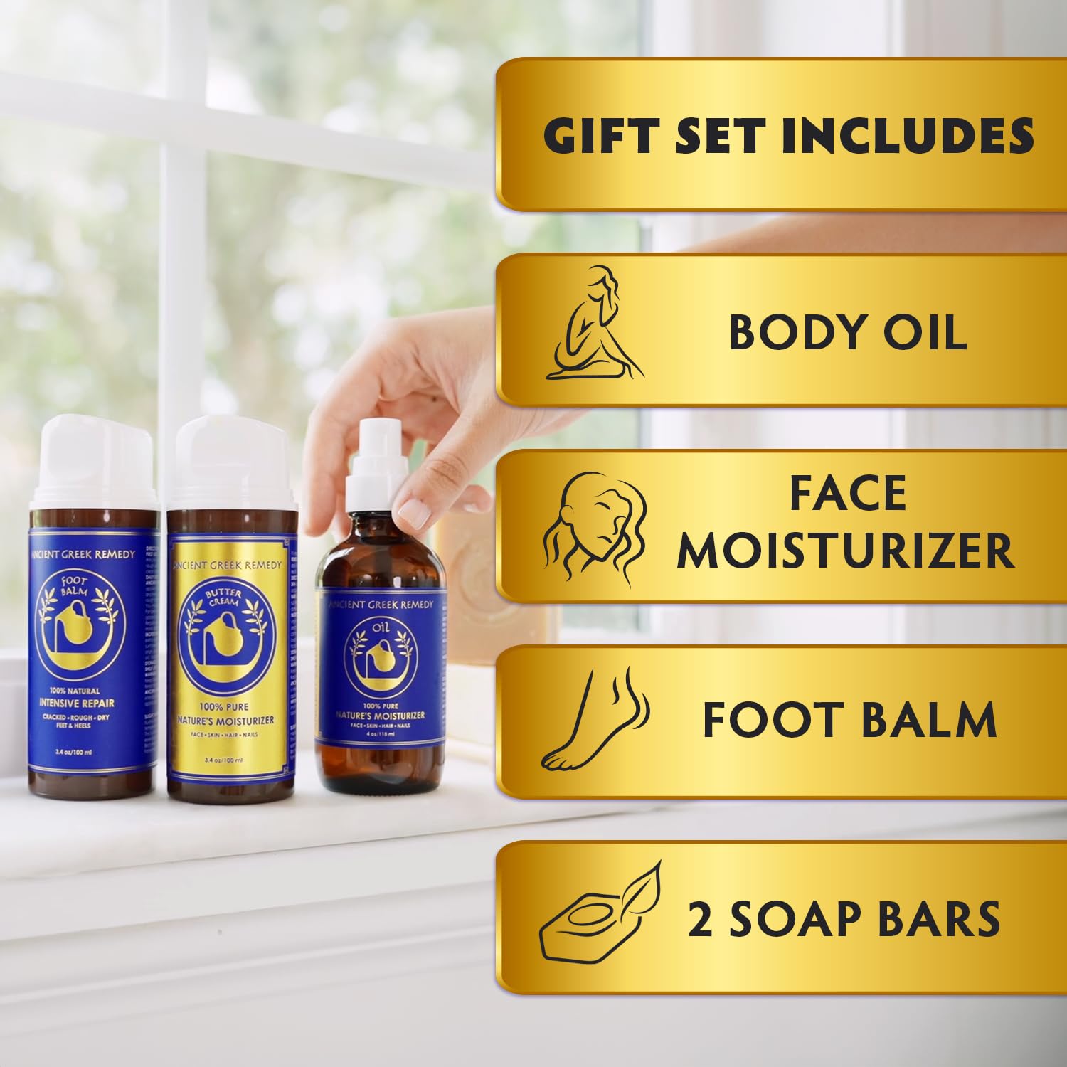 Ancient Greek Remedy Organic Spa Gift Set - Body Oil, Face Moisturizer, Foot Balm & 2 Soap Bars - Lavender Scented Skin Care Gift Basket for Women - Perfect for Christmas, Birthdays & Self Care - Image 2