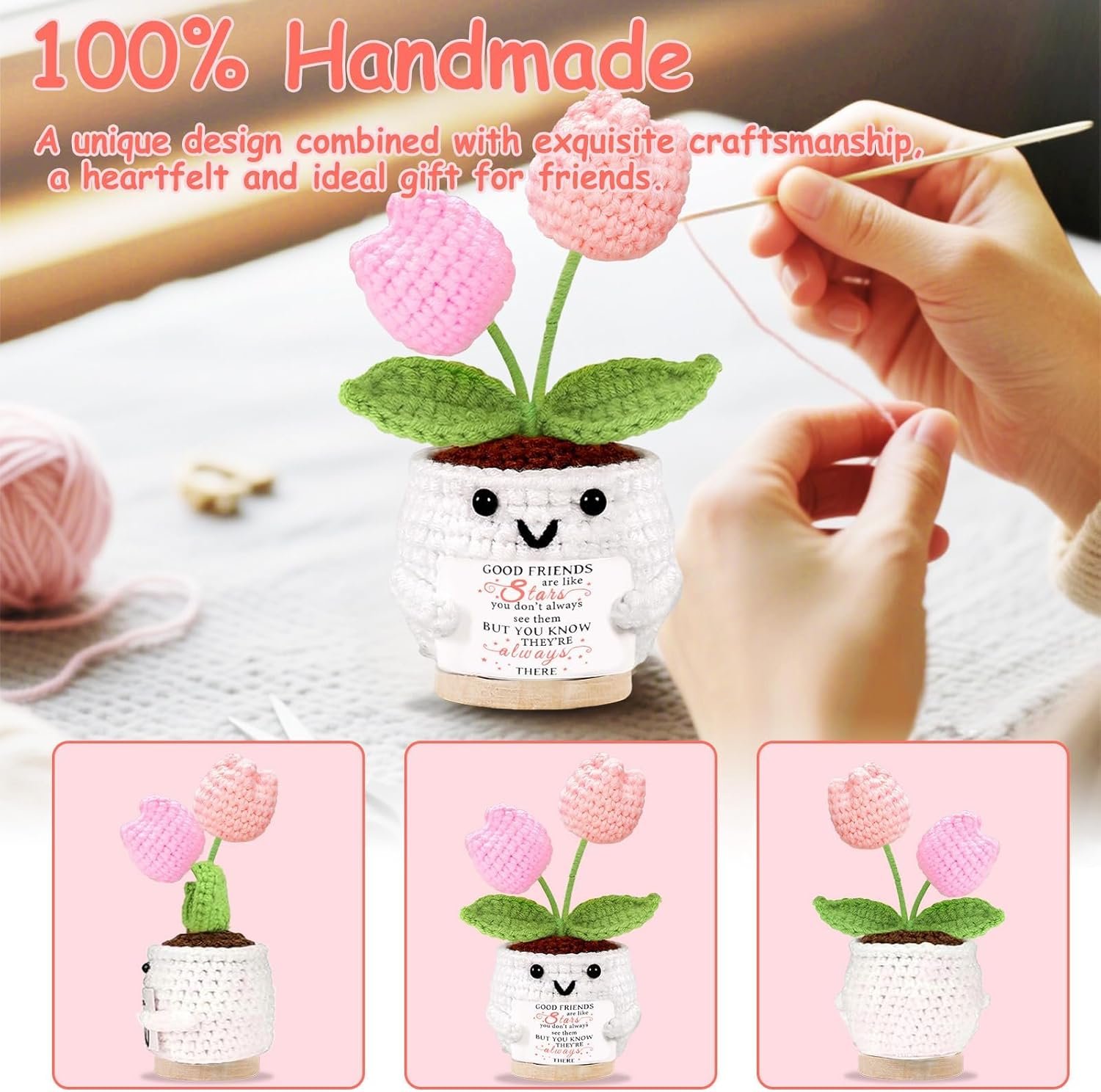 Friendship Gifts for Women Tulips Crochet Flowers Funny Small Christmas Birthday Gift for Women Personalized Friends,Colleague,Bestie Galentines Present Cute Stuff Desk Accessories - Image 4