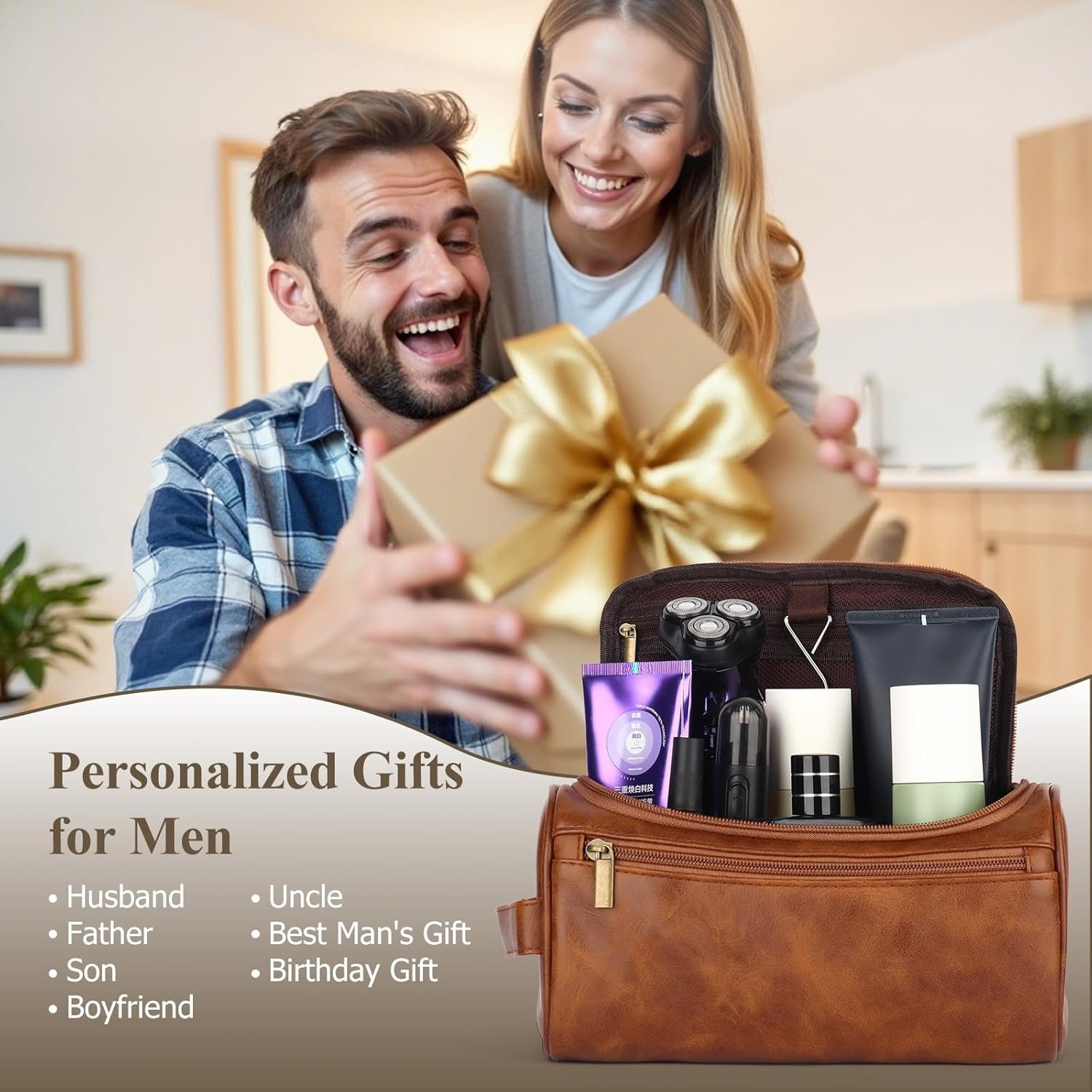 OXYEFEI Toiletry Bag Men,Gifts for Men,Mens Toiletry Travel Shaving Dopp Kit Bag with Initial PU Leather Cosmetic Bags Organizer Storage Accessories (M) - Image 4