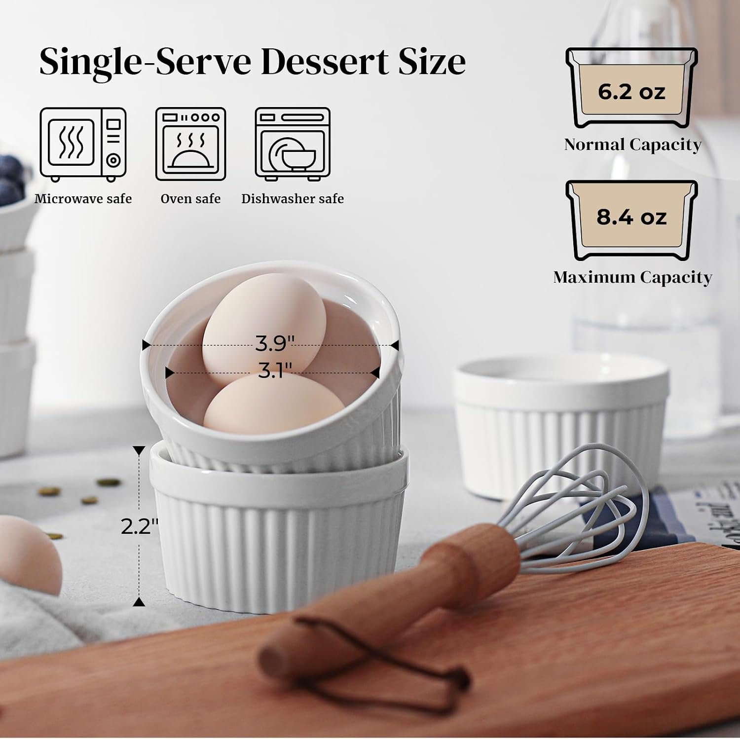DOWAN Ramekins 6 oz Ceramic Ramekins Set of 6, Oven Safe Souffle Dishes for Air Fryer Baking, Mini Round Baking Cups for Creme Brulee, Dipping Sauces, Desserts and Prep Bowls, White - Image 2