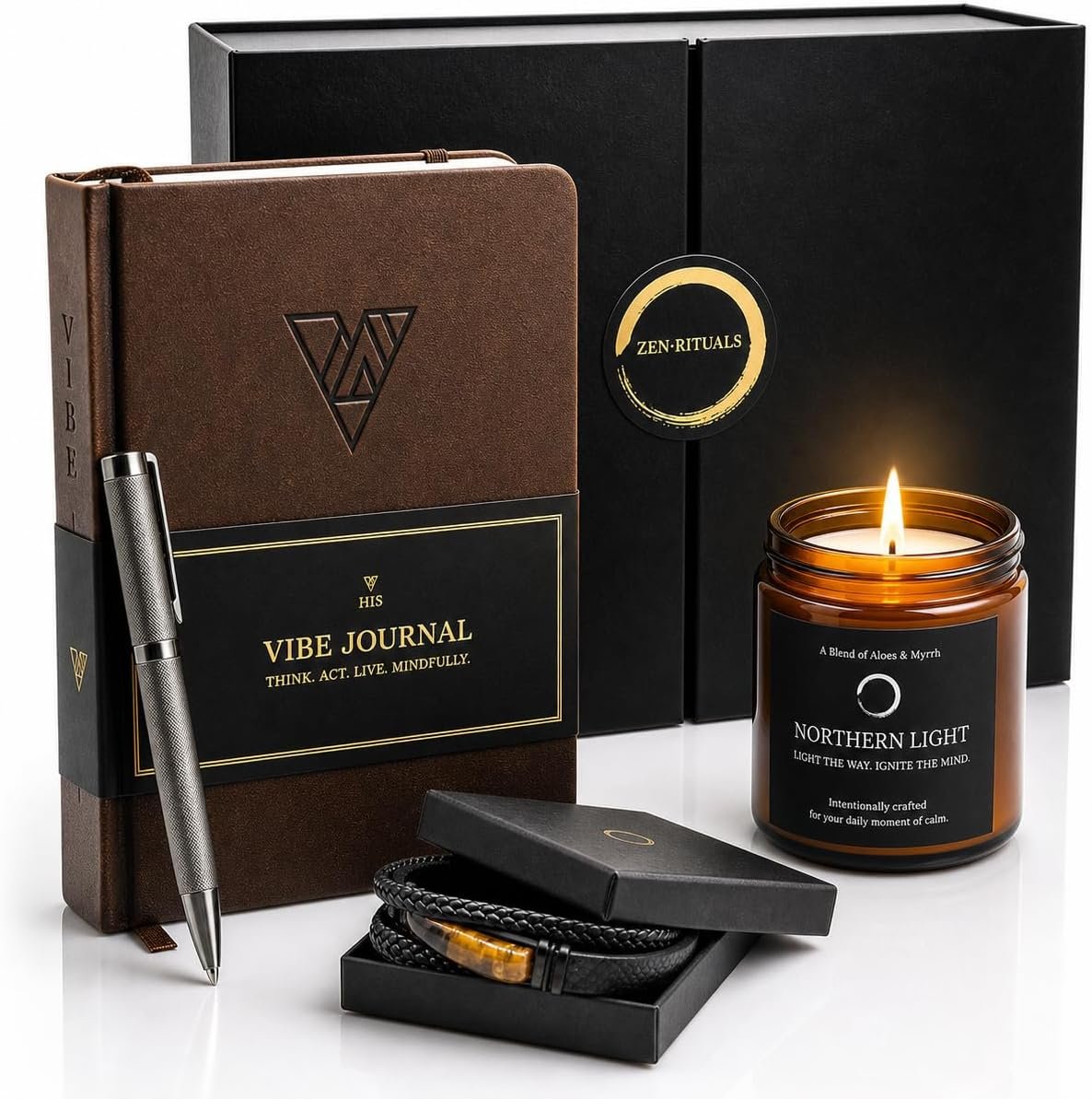 Gift Set for Men | Mindfulness & Self Care Set with Guided Journal, Brass Pen, Scented Candle & Tiger Eye Bracelet | 13-Week Self Mastery Journal with Short Readings, Daily Prompts & Exercises | Gift Box
