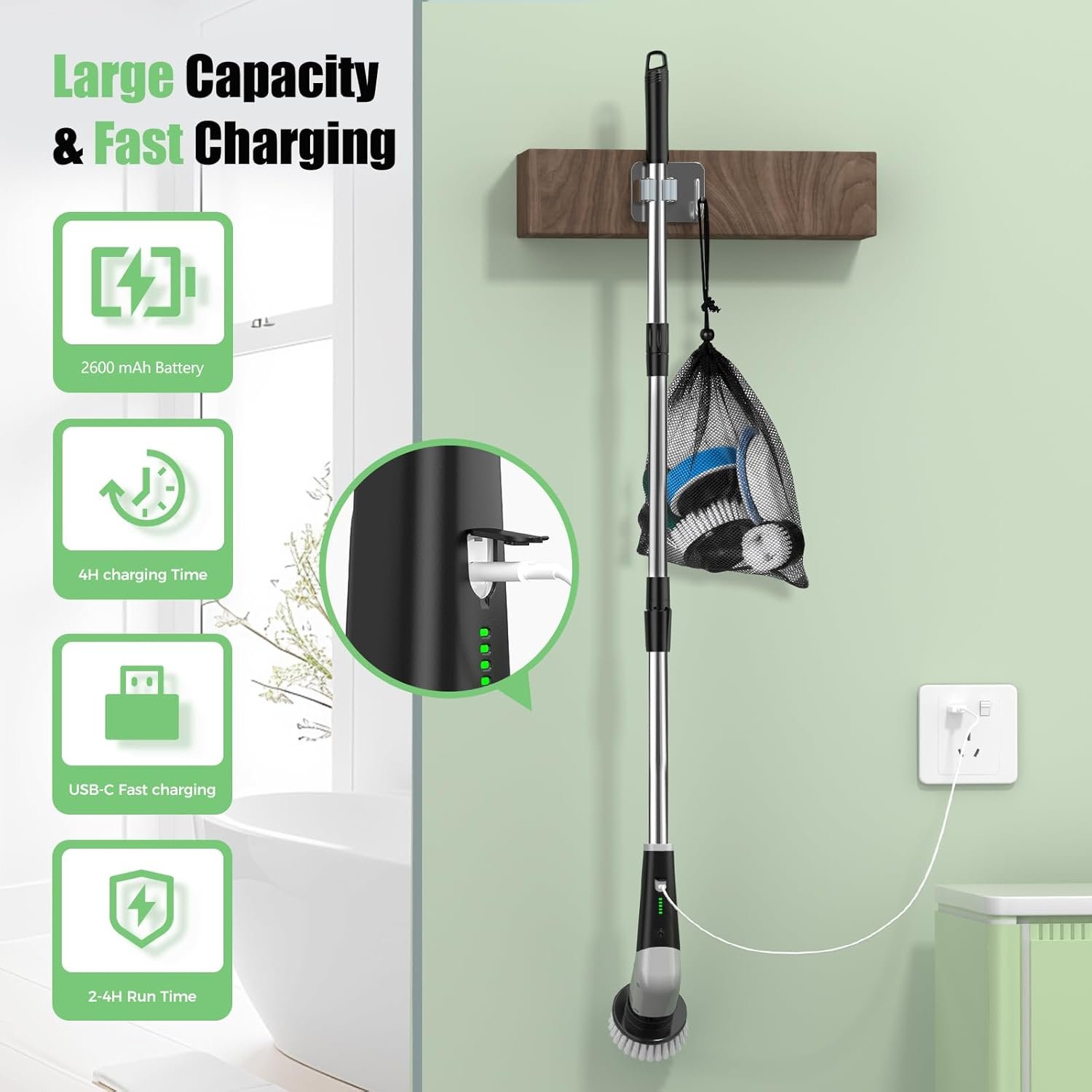 YKYI Electric Spin Scrubber, Cordless Cleaning Brush with 8 Replaceable Brush Heads, Power Scrubber with Adjustable Extension Handle for Bathroom, Tub, Tile, Floor and Kitchen Cleaning (Grey) - Image 7