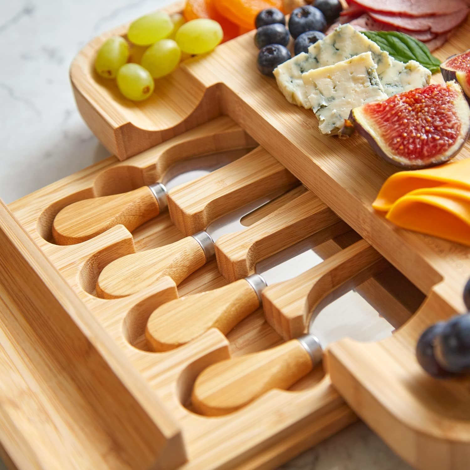 RoyalHouse Bamboo Cheese Board and Knife Set with Slide-Out Cutlery Drawer - Charcuterie Boards Set & Cheese Platter - Birthday Gifts for Women, Wedding Gifts for Couples 2025, Bridal Shower Gifts - Image 6