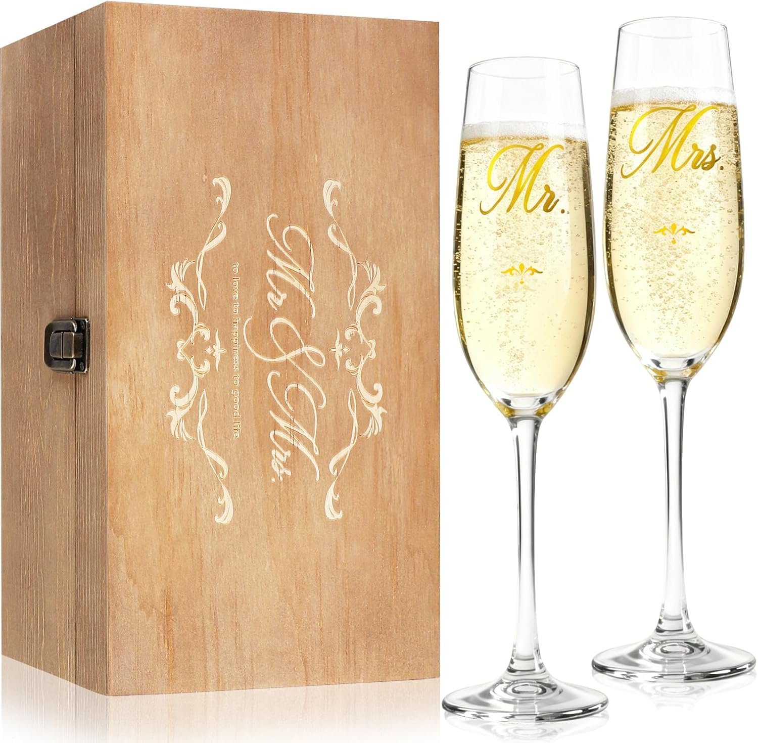 Mr and Mrs Champagne Flutes Set, Bride and Groom Glasses for Bridal Shower,Engagement and Wedding Gifts,Wedding Anniversary Toasting Glasses with Wed Memory Box for Couples