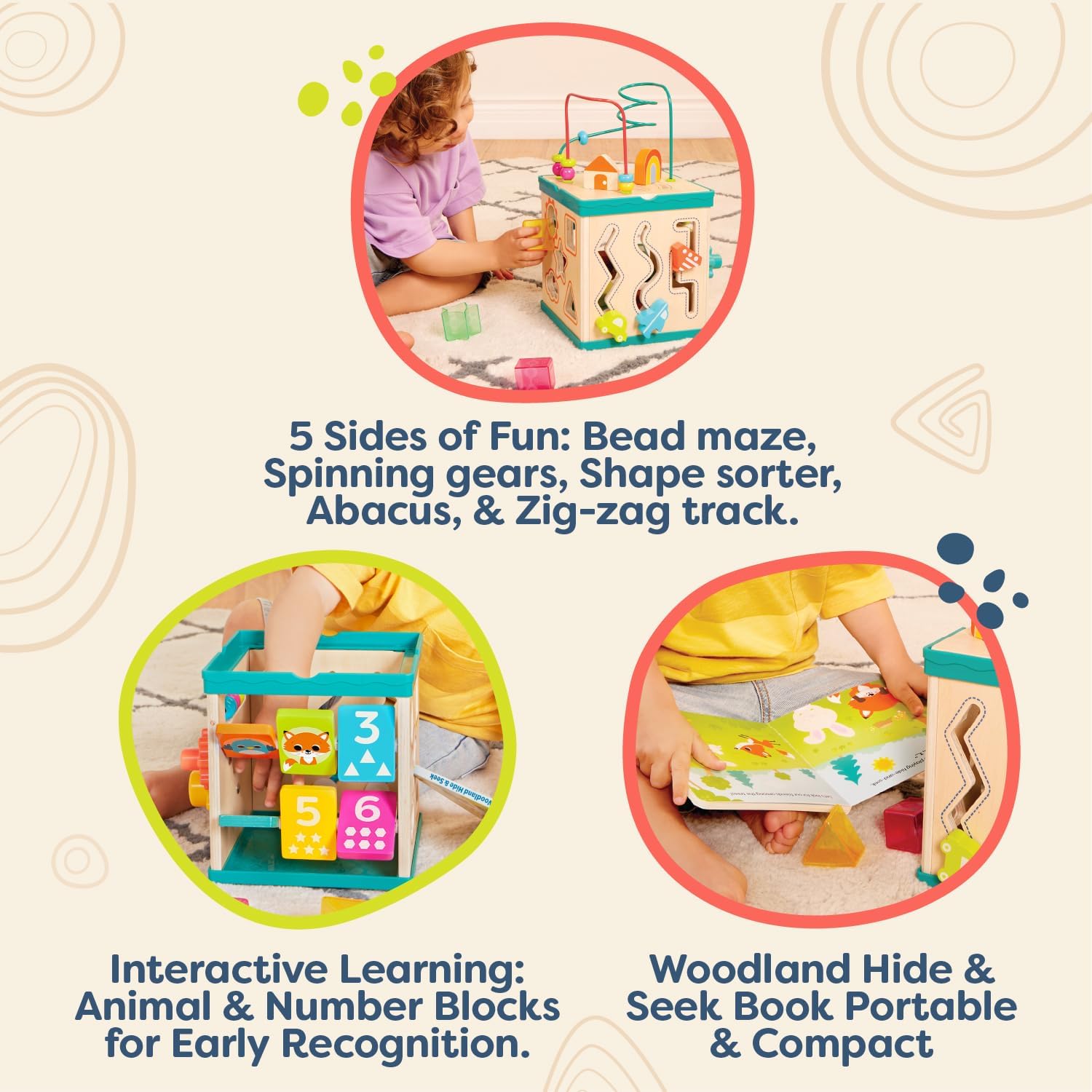 B. toys – Tabletop Activity Cube – Educational Storybook Included – Wooden Shape Sorter, Bead Maze, Animal Tiles – Top Flips for Compact Storage – 12+ Months – Lil' Learning Cube - Image 4