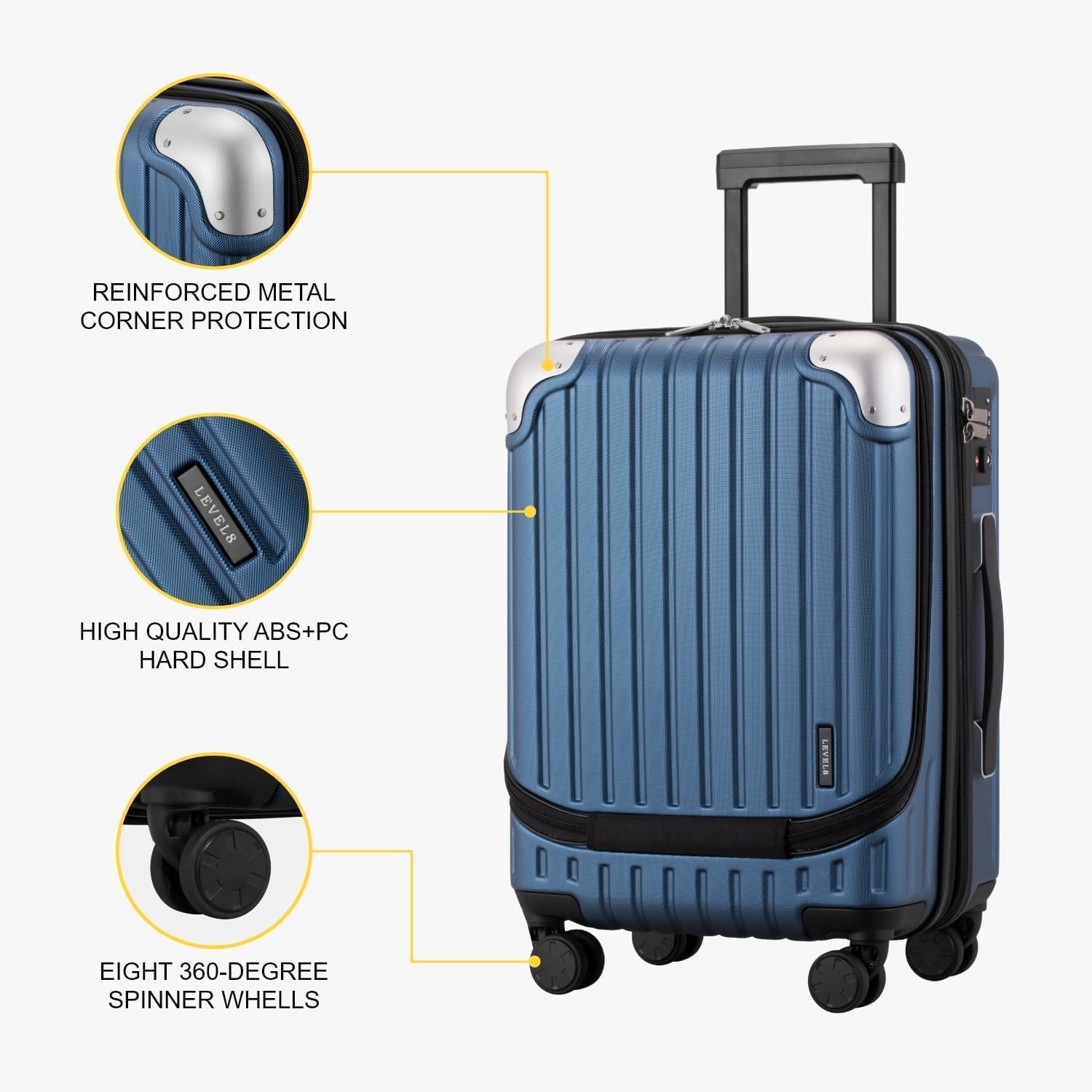 LEVEL8 Grace Carry on Luggage 22x14x9 Airline Approved, 20 Inch Hard Shell Suitcases with Spinner Wheels, Abs+Pc Hard Case Luggages with Tsa Lock for Airplane, Blue - Image 5