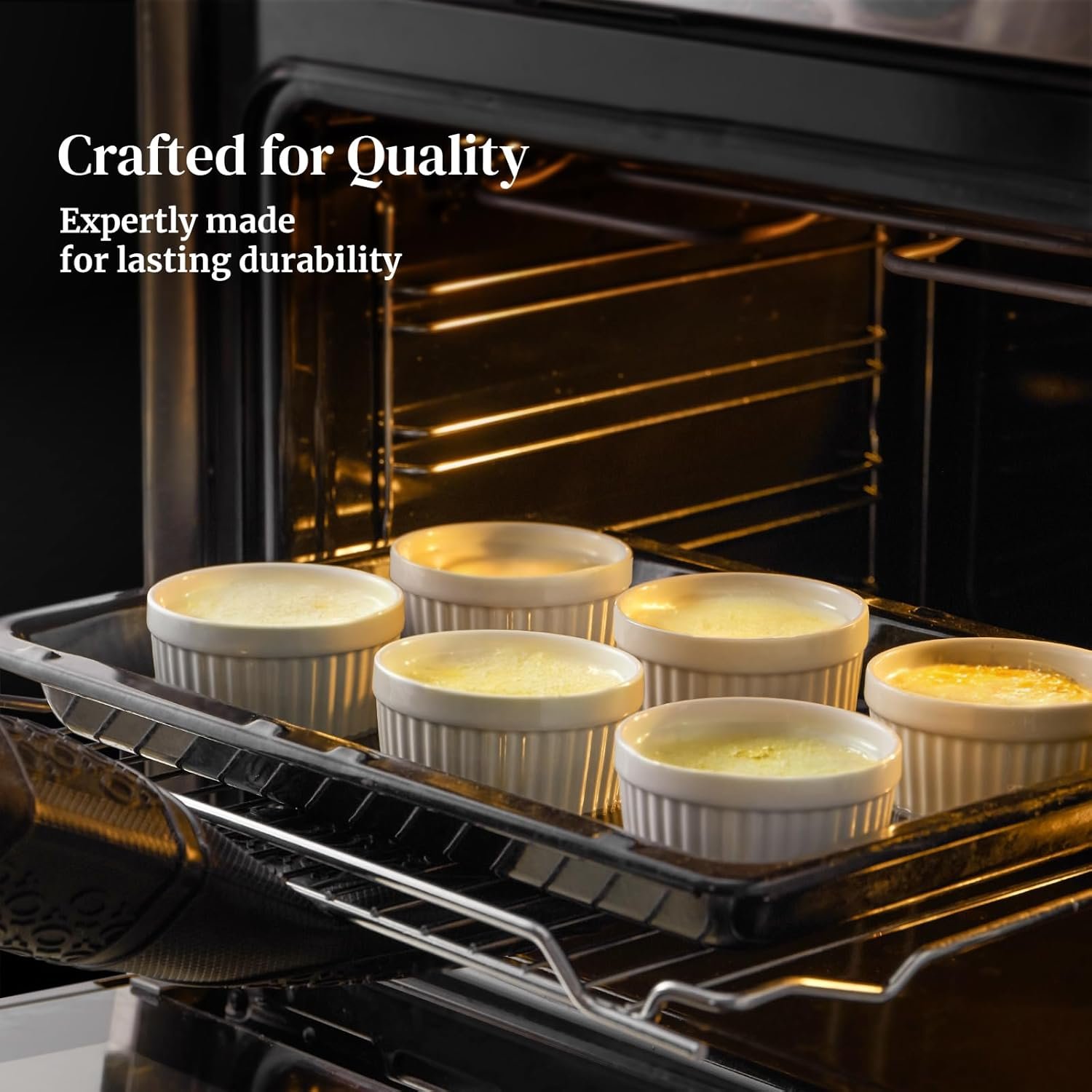 DOWAN Ramekins 6 oz Ceramic Ramekins Set of 6, Oven Safe Souffle Dishes for Air Fryer Baking, Mini Round Baking Cups for Creme Brulee, Dipping Sauces, Desserts and Prep Bowls, White - Image 4