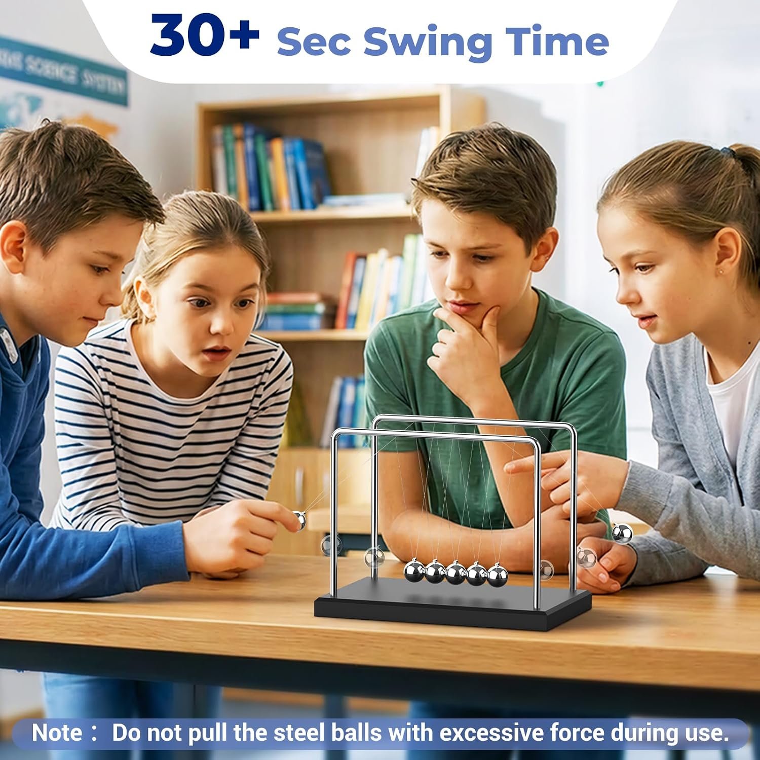 Theefun Newtons Cradle Pendulum Large 7 Beads, 30+ Sec Swing Balance Balls Desk Toys Office Decorations with Wood Base, Physics Gadget for Kids - Image 2