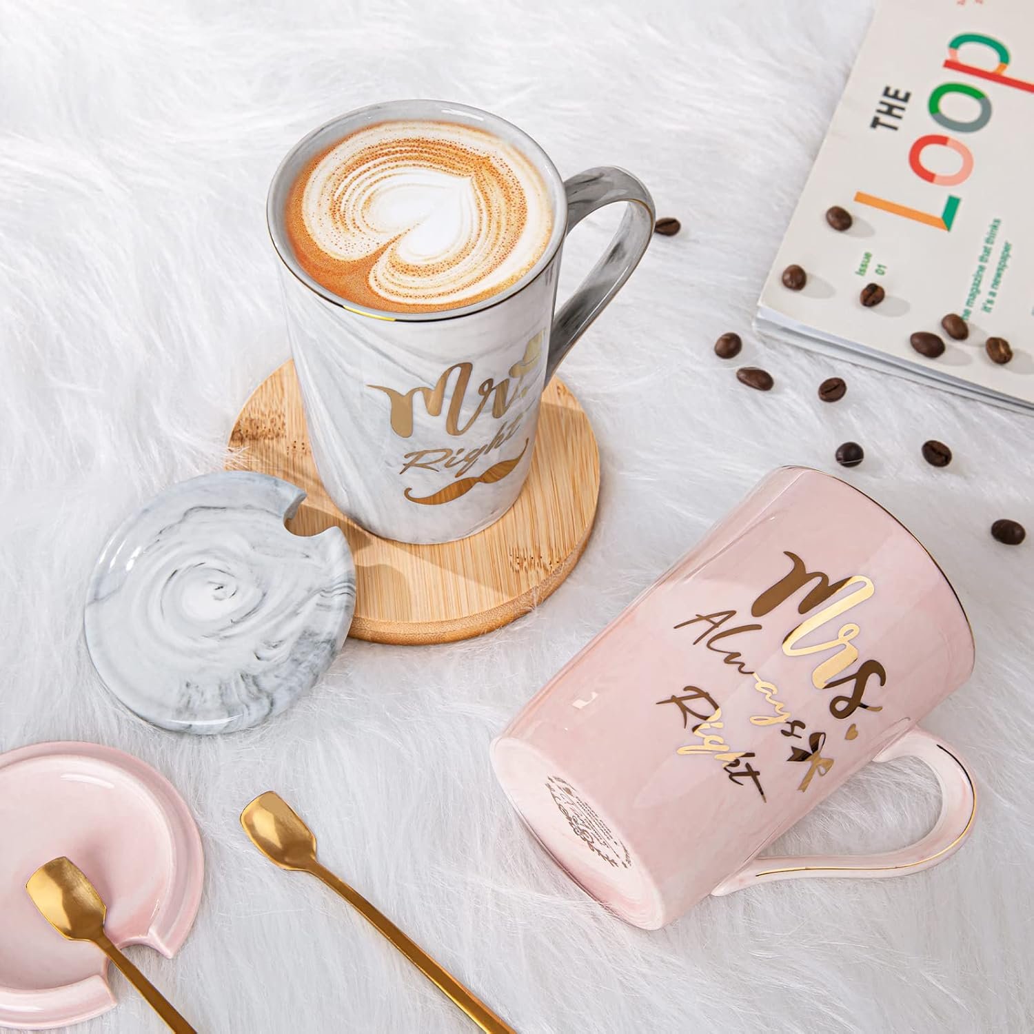Mr Right and Mrs Always Right Couples Mugs Gifts Set for Wedding, Engagement, Newlyweds Anniversary, Bridal Shower, 14oz Ceramic Marble Mugs with Golden Pattern, Microwave, Dishwasher Safe - Image 4