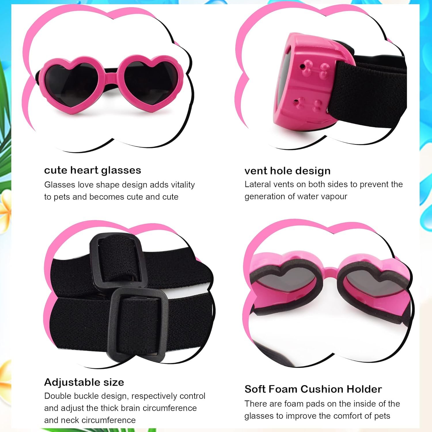 Small Breed Dog Sunglasses, UV Protection with Adjustable Strap, Heart-Shaped Goggles for Waterproof, Windproof, Anti-Fog Eye Protection, Beach Accessories (Pink) - Image 6